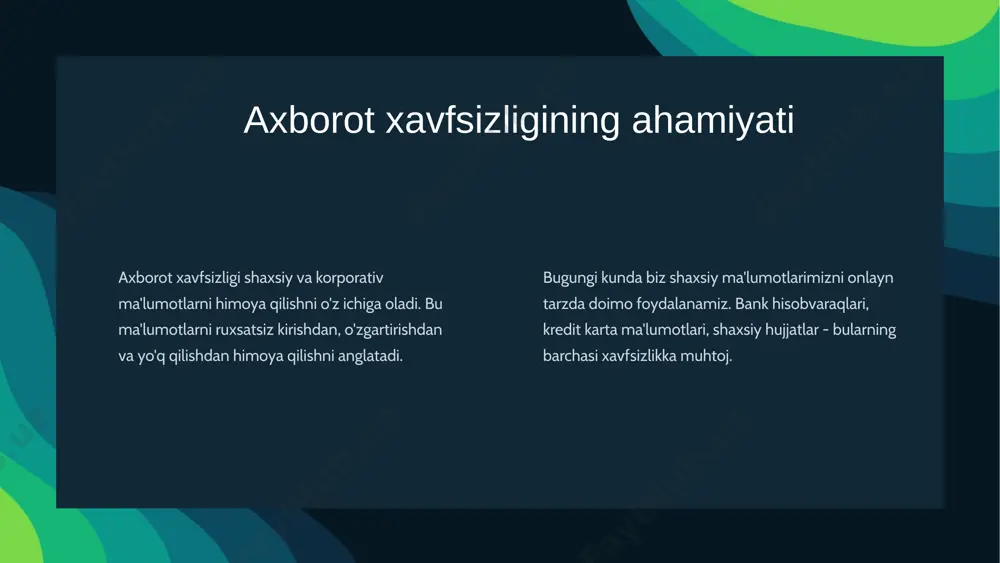 vlar yuborish. tahdidlarning tarqalishi qonuniy vositalardan foydalangan ko'plab hujumlarni o'rganish shuni ko'rsatdiki, ularning yarmidan ko'pi kirish uchun razvedka. command and control (maqsadli tarmoqdagi boshqariladigan tizim bilan aloqa) va lateral movement (qo'shimcha vositalarsiz tizimga kirish) taktikalari birgalikda 20% dan kam, exfiltration (maqsadli tarmoqdan fayllar va ma'lumotlarni o'chirish) 5% dan kam. ammo zararli dastur (zararli dastur) dan foydalanish, eng ko'p e'tiborni jalb qiladigan narsa, tajovuzkor maqsadli tarmoqqa etib borganidan keyin atigi 7,5% ni tashkil qiladi. albatta, bunday dasturiy ta'minot bilan kurashish hali ham zarur – bu xakerga kirishni qiyinlashtiradi. https://vasexperts.ru/blog/bezopasnost/oruzhie-hakera-instrumenty-dlya-vzloma/ axborot xavfsizligini ta'minlash usullari kuchli parol yaratish har bir hisob uchun noyob, uzun va murakkab parol yaratish. antivirus dasturini o'rnatish antivirus dasturi kompyuterni viruslar va zararli dasturlardan himoya qiladi. xavfsizlik devorini yoqish xavfsizlik devori tarmoq trafigini nazorat qiladi va ruxsatsiz kirishni bloklaydi. dasturlarni doimo yangilash dasturlarni yangilash xavfsizlik bo'shliqlari va tahdidlaridan himoya qiladi. 1.7.2013 4 ‹#› kibrxavfsizlik tahdidlaridan saqlanish 1 elektron pochta …