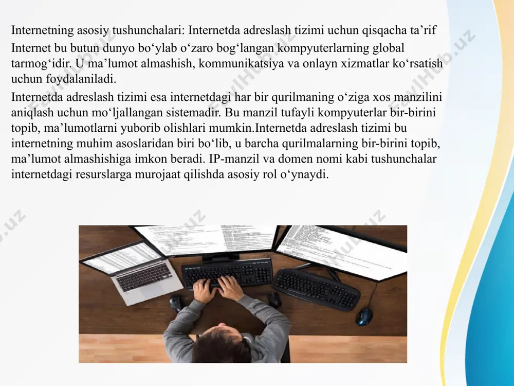 fayl nomlaridan iborat bo'lishi mumkin. 2. query string: urlning so'ngida "?" belgisi bilan boshlanadi. so'rov parametrlarini o'z ichiga oladi, ular veb-serverga ma'lumot yuborish uchun ishlatiladi. parametrlar "&" belgisi bilan ajratiladi va "=" belgisi bilan qiymati ko'rsatiladi. 3. urlning umumiy shakli: protocol://domain_name/path?query_string xulosa men bu mustaqil ishning boshida internetning asosiy tushunchalarini o’rgandim. bu orqali internet haqida bilmagan narsalarimni o’rgandim va uning qanday ishlashini o’rgandim. adreslash tizimi, ip manzillar, dns, url orqali esa ularning ishlashi haqida yanayam chqurroq o’rgandim. biron axbarot manbasiga kirganimda va ulardan ma’lumot olganimda qanday ketma-ketliklar bajarilishini bildim. foydalanilgan adabiyotlar yusupova s.m, mexmonxo’jayev a.sh “tarmoqdagi internet protokol manzillari” 2022 zayniddin x “kompyuter tarmoqlari” 2007 majidov r.r, sobirov a.a “internet texnologiyalari” https://wikipedia.uz image1.jpeg image3.jpeg image4.jpeg image5.jpeg image6.png image7.png image2.jpeg