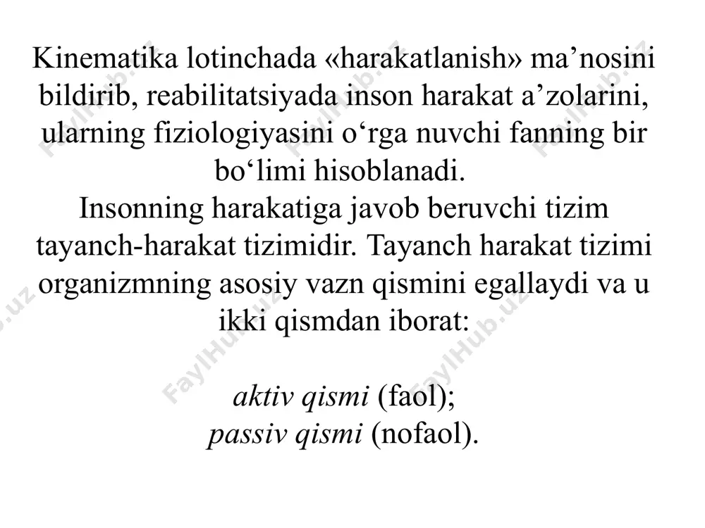 gar tibbiy xodim kasalliklar alomatlari va asorati sifatida tana holati qanday o‘zgarishlarga duchor bo‘lishini bilsa, bemorning habitusiga qarab, u haqida anchagina informatsiyaga ega bo‘ladi. bu esa davolanishni qay tarzda olib borishni va qanday muolajalar belgilashni aniqlab beradi. harakat chegaralanishiga olib keluvchi kasalliklar harakatga salbiy ta’sir ko‘rsatadigan omillar, ya’ni inson organizmiga va aynan harakat a’zolari (mushak, suyak, paylar va bo‘g‘inlar) ga ta’sir etuvchi ko‘pgina omillar mavjud: 1. muskul to‘qimasining yallig‘lanishi (miozit); 2. suyak to‘qimasining yallig‘lanishi (osteit, osteomiyelit); 3. bo‘g‘inlar yallig‘lanishi (artrit). artritlar ko‘pgina infeksiyali va allergik kasalliklar belgisi bo‘lib, insonga ancha zarar yetkazadi. xususan, revmatizm kasalligida, bo‘g‘inlarda mavjud bo‘lgan biriktiruvchi to‘qimaning yallig‘- lanishi kuzatiladi. bu kasallikni esa β­gemolitik streptokokk keltirib chiqaradi. demak, bakterial yoki virus infeksiyasini harakat chegara- lanishiga olib keluvchi omil, deb hisoblaymiz. jarohat – harakat chegaralanishiga olib keluvchi yana bir jiddiy omil hisoblanadi. jarohat turlari juda ko‘p bo‘lib, ulardan kesilgan jarohat (kesuvchi jism ta’sirida), uzilgan jarohat, teshilgan yoki chopilgan …