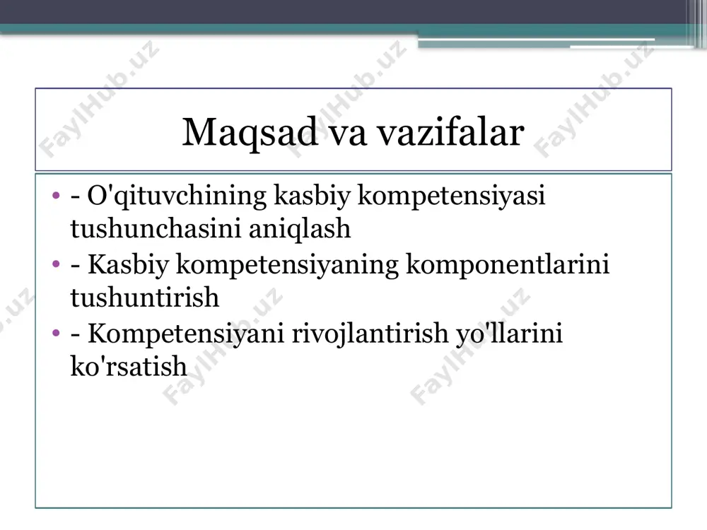 hamkasblar, ota-onalar va keng jamoatchilik bilan samarali muloqot qilish qobiliyati bilim kompetensiyasi - predmet bo'yicha chuqur bilim - fanda yangi yutuqlar va tadqiqotlarni kuzatib borish - predmetni o'rganishda qo'llaniladigan usullar va texnologiyalarni bilish pedagogik kompetensiya o'quvchilarni o'rganish va ularga mos keladigan o'qitish uslublarini tanlash motivatsiya usullari va ijtimoiy-psixologik yondashuvlar sinf boshqaruvi va o'quv jarayonini tashkil qilish metodik kompetensiya - dars rejalari va dasturlarini yaratish - zamonaviy o'qitish texnologiyalari va metodlari - o'quvchilarning mustaqil o'qish ko'nikmalarini rivojlantirish ijtimoiy-kommunikativ kompetensiya hamkasblar bilan hamkorlik ota-onalar bilan samarali muloqot jamoatchilik bilan aloqalar va hamkorlik kasbiy kompetensiyani rivojlantirish yo'llari - doimiy o'qish va o'z-o'zini rivojlantirish - kasbiy malaka oshirish kurslari va treninglar - tajriba almashish va ilmiy tadqiqotlar olib borish xulosa o'qituvchining kasbiy kompetensiyasi - ta'lim sifatini oshirishning asosiy omillaridan biri kompetensiyani rivojlantirish doimiy jarayon bo'lib, o'qituvchi faoliyatining barcha jabhalarini qamrab oladi. image2.jpeg image3.jpeg image4.jpeg image5.jpeg /docprops/thumbnail.jpeg