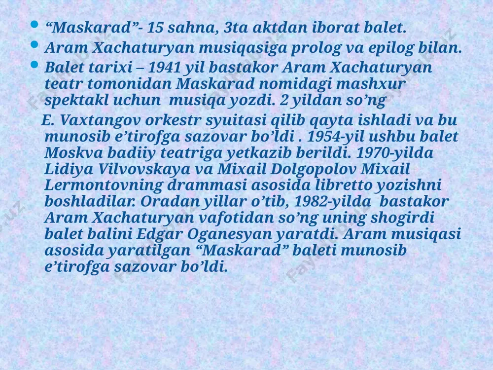 n jahl bilan ketadi. baronessa shtral zvezdichga yaqinlashib bilaguzuk sirini ochib beradi. mehmonlar zalga qaytishadi, ularning iltimoslariga javoban nina raqsga tushadi biroq erining og’ir qarashini sezib, to’xtaydi. keyin u eriga yaqinlashib muzqaymoq olib kelishini so’raydi. noma’lum arbeninning muzqaymoqqa zaxar qanday solganini payqaydi. nina zalni tark etib yotoqxonasi tomon yo’l oladi. arbenin kiradi nina bilan hayirlashish maqsadida. nina eridan uni nima tashvishga solayotganini aytib berishini iltimos qiladi. arbenin ninani hiyonat qilishda qattiq ayblaydi nina qo’rqib ketadi sababi u hech narsada aybdor emas. arbenin xotini ikonka oldida iqror bo’lishini talab qiladi va muzqaymoq olib kelishga ketayotganini aytadi. muzqaymoqni yegandan so’ng nina so’zlar bilan “… menman xudo oldida ham ayibsiz” deydiyu vafot etadi. arbenin asta-sekin zinadan pastga tushmoqda, uning oldiga qor plashga o’ralgan noma’lum paydo bo’ladi, uning orqasida knyaz zvezdich, baronessa shtral turadi, nina yoqotgan bilaguzukni qaytarib berib, ayolining ayibsizligini aytadi. arbenin aqldan ozadi, uning oldida rang-barang niqobli olomon paydo bo’ladi ular orasida …