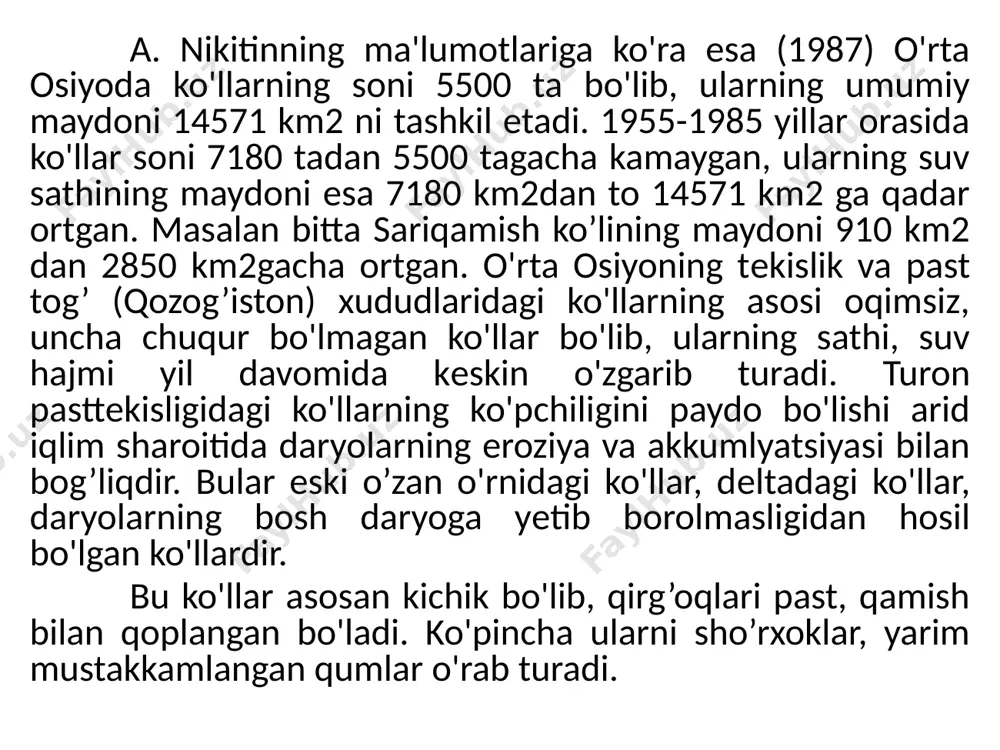 d) ularning suvi nihoyatda tiniq, toza va sovuq bo‘ladi. o‘rta osiyo tog‘ ko‘llari issiqko‘l o’rta osiyoda ko’llar tarqalishiga ko’ra 2 ta guruhga ajratish mumkin: ko’llar tekislik daryolari tog’ daryolari o‘rta osiyo tog‘ ko‘llari sarichelak o‘rta osiyodagi tashlama va sizot suvlar to‘planishidan hosil bo‘lgan ko‘llar aydarko‘l o‘rta osiyodagi tashlama va sizot suvlar to‘planishidan hosil bo‘lgan ko‘llar arnasoy o‘rta osiyoning eng katta tabiiy ko‘li – orol ko‘lidir orol ko‘li suv sathining o‘zgarishi o‘rta osiyoning eng katta tabiiy ko‘li – orol ko‘lidir orol ko‘li nafaqat o‘rta osiyoda, balki yer yuzidagi eng katta ko‘llardan biri edi. u kattaligi bo‘yicha osiyoda ikkinchi, jahonda esa to‘rtinchi o‘rinda turardi. ko‘l turon tekisligining markazida, ustyurt platosidan sharqda joylashgan, shimoli sharqdan janubi g‘arbga cho‘zilgan tektonik cho‘kmada hosil bo‘lgan. unga ikki yirik daryo - amudaryo va sirdaryo quyiladi. tabiiy geografik o‘rganilish va paydo bo‘lish tarixi.orol – yer yuzidagi dengiz va okeanlar bilan bog`lanmagan eng ulkan ko’l, ya’ni suv havzalaridan biridir. …