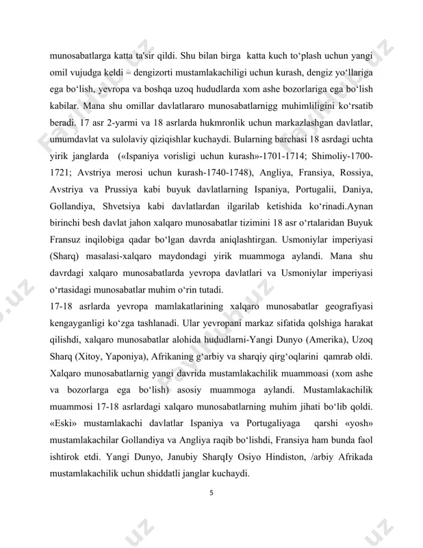 olland…). savdo-mustamlakachilik raqibchiligi bu davrdagi barcha yirik urushlarda muhim rol o‘ynagan (ispan vorisligi uchun, yetti yillik urush). har bir mustamlakachi davlat mustamlaka bozorlarida yakka hukmdor bo‘lishga intilgan. yangi paydo bo‘lgan mustamlakachi imperiyalar alohida mamlakatlardagi bir qator omillarga ta'sir ko‘rsatgan: mamlakatning ijtimoiy-iqtisodiy qiyofasiga, egallangan yerlardagi aholi zichligi va rivojlanish darajasiga, jahon bozori mablag‘ini vujudga keltirish. 18 asr oxirida asosiy yevropa mamlakatlari siyosiy kuchlarining joylashuvida muhim o‘zgarishlar bo‘ldi. angliyaning 1775-1783 yillarda shimoliy afrikada urush bilan band bo‘lishi uning yevropa qit'asida vaqtinchalik kuchsizlanishiga olib keldi. amerika inqilobi «shimoliy tuzumni» jiddiy sinovdan o‘tkazdi va xviii asrda 80-yillarning boshida uning qo‘llashiga olib [footnoteref:2]keldi. rossiyaning xalqaro maydondagi ajoyib yutuqlari angliyani darhol «sharqy masala» bilan shug‘ullanishga majbur etdi. rossiyaning rus-turk va rus-shved urushidai yutuqlari yevropadagi xalqaro vaziyatni o‘zgartirdi. markaziy yevropada fransiyaning avstriya-prussiya bilan eski ziddiyatlarining keskinlashuvi va anglii bilan mustamlakachilik bahsi baltik hududi uchun kurash va «sharqiy» masalani ikkinchi darajaga tushirdi. [2: 2.i.i.lukashuk, a.x.saidov “ hozirgi zamon …