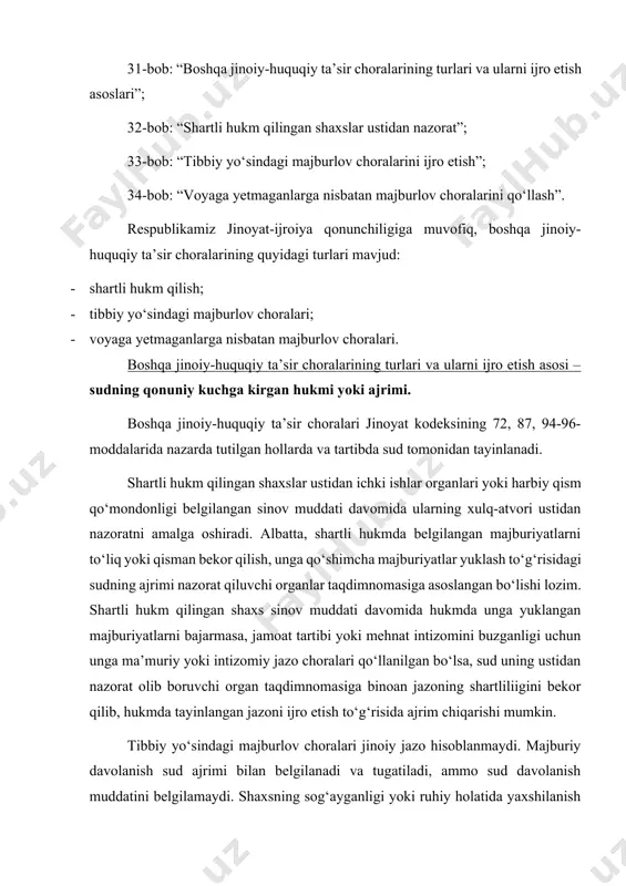 azoning shartliliigini bekor qilib, hukmda tayinlangan jazoni ijro etish to‘g‘risida ajrim chiqarishi mumkin. tibbiy yo‘sindagi majburlov choralari jinoiy jazo hisoblanmaydi. majburiy davolanish sud ajrimi bilan belgilanadi va tugatiladi, ammo sud davolanish muddatini belgilamaydi. shaxsning sog‘ayganligi yoki ruhiy holatida yaxshilanish sezilganda yoki shaxs ijtimoiy xavfliligi yo‘qolganda, majburiy davolanish davolash muassasasi ma’muriyatining taqdimnomasiga binoan qisqa muddat ichida bo‘lsa ham bekor qilinishi mumkin. ijtimoiy xavfli qilmishni sodir etgan aqli noraso shaxslarga nisbatan qo‘llaniladigan tibbiy yo‘sindagi majburlov choralarining maqsadi – bu ularni davolash hamda bu shaxslar tomonidan yangi jinoyatlarni sodir etilishining oldini olish hisoblanadi. shunday ekan, tibbiy yo‘sindagi majburlov choralarining vazifasi ruhiy kasal tomonidan sodir etilishi mumkin bo‘lgan yangi ijtimoiy xavfli qilmishlarning oldini olish bo‘lib, unga bemor ruhiy holatidan kelib chiqib, uni jamiyatdan ajratilgan holda yoki ruhiy kasalliklar shifoxonasiga joylashtirish orqali amalga oshiriladi. voyaga yetmaganlarga nisbatan qo‘llaniladigan majburlov choralari o‘zining mazmuniga ko‘ra tarbiyaviy xarakterga sud jinoyat kodeksi 87-moddasi 2-qismida nazarda tutilgan asoslar mavjud deb …