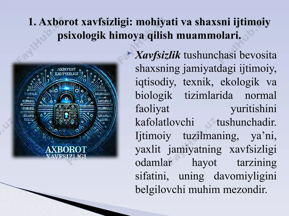 a tashkilotdagi muayyan ijtimoiy guruhlararo axborot almashinuvida bo’hton, to’xmat, mish-mishlar tarqatishga bog’liq bo’lgan salbiy holatlar nazarda tutiladi. lekin ikkala holat ham axborot xurujlariga odamlarning normal faoliyatlari uchun xalaqit beruvchi omil sifatida qaraladi axborot xurujlari – bu shaxsga, muayyan tashkilot va davlatga yo’naltirilgan ta’sir bo’lib, uning asl maqsadi o’sha shaxs, tashkilot va davlatning normal hayot tarzining buzilishini nazarda tutgan siyosiy va ijtimoiy guruhlarning g’arazli niyatlaridan kelib chiqadi. buni biz chet el oavning 2005 yil may oyida andijonda bo’lib o’tgan voqyealarni sharhlashlarida guvoh bo’lganmiz. o’shanda ayrim xorijlik jurnalistlar voqyealarning asl mohiyatini xaspo’shlash, noto’g’ri talqin qilish orqali jamiyatimizdagi barqarorlikka tahdid solmoqchi bo’lgan edilar. o’zbekiston ochiq oav orqali voqyealarning xolis bayon etilishi esa bunday sharoitda axborot xavfsizligini ta’minlagan muhim manba rolini o’ynagan edi oxirgi yillarda kompyuter vositalari orqali amalga oshirilayotgan axborot xurujlari haqida ko’p yozilmoqda. kompyuter jinoyati sodir etilganda uning obyekti bevosita kompyuter, kompyuter orqali uzatiladigan ma’lumot va tarmoq hisoblanadi. mutaxassislar kompyuter jinotchiligining quyidagi …