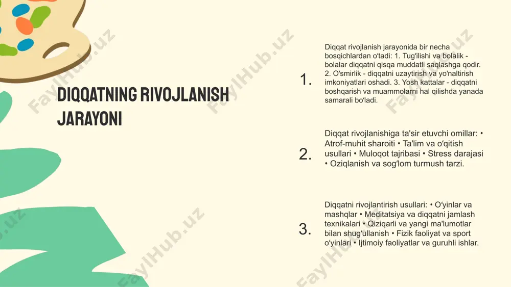 in kuchli shovqin paydo bo'lganda, diqqatingiz o'sha shovqinga o'tadi (ixtiyorsiz diqqat). diqqatning turlari ixtiyoriy diqqatning ta'siri ixtiyoriy diqqat - bu insonning e'tiborini maqsadli ravishda biror narsaga qaratish qobiliyatidir. uning psixologik ta'siri quyidagilardan iborat: - ma'lumotni tanlash va qayta ishlashda samaradorlikni oshiradi. - stress va chalg'ishlarni kamaytirish imkonini beradi. - o'z-o'zini nazorat qilishni rivojlantiradi. diqqatni boshqarish usullari kundalik hayotda quyidagicha qo'llanilishi mumkin: - vaqtni rejalashtirish va muhim vazifalarga e'tibor qaratish. - meditatsiya va diqqatni jamlash mashqlarini amalga oshirish. - chalg'ituvchi omillarni bartaraf etish, masalan, mobil telefonlarni o'chirish. ixtiyorsiz diqqatning ta'siri ixtiyorsiz diqqat - insonning atrof-muhitdagi ma'lumotlarga bo'lgan e'tiboridir. bu diqqat turi insonga xohishiga qarshi ravishda atrofdagi stimuli, masalan, baland ovoz yoki yorqin ranglar orqali e'tiborini jalb qiladi. atrof-muhit sharoiti diqqatning kuchayishi yoki kamayishiga ta'sir qiladi. tadqiqotlar shuni ko'rsatadiki, ixtiyorsiz diqqat ko'pincha stress va chalg'ituvchi omillar bilan bog'liq. photo by illán riestra nava on unsplash diqqatni yaxshilash usullari diqqatni yaxshilash uchun bir …