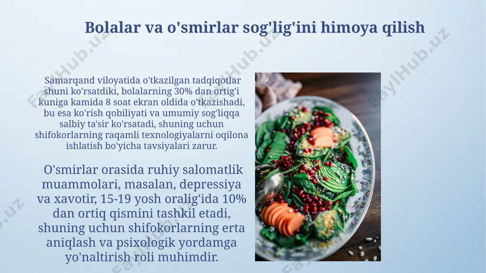 ollik va stressni boshqarish bo'yicha individual maslahatlar berishadi. shifokorning maslahat berishdagi ahamiyati shifokorlarning 70% dan ortig'i bemorlarga sog'lom turmush tarzini shakllantirish bo'yicha 5 yillik reja taklif qilishni tavsiya qiladi, bu esa yurak-qon tomir kasalliklari xavfini toshkentda 25% ga kamaytirishi mumkin. surunkali kasalliklarning oldini olish bo'yicha shifokorning maslahati farg'ona vodiysida o'rtacha 15-20 yoshdagi yoshlar orasida chekishni 10% ga kamaytirdi, bu sog'liqni saqlash ta'limi dasturlarining muhimligini tasdiqlaydi. e'tiboringiz uchun rahmat @taqdimot_robot image4.png image5.jpg image6.jpg image7.jpg image8.jpg image9.jpg image10.jpg image11.jpg image12.jpg image13.jpg image14.jpg image15.jpg image16.jpg image17.jpg image18.jpg image19.jpg image20.jpg image21.jpg image3.jpeg