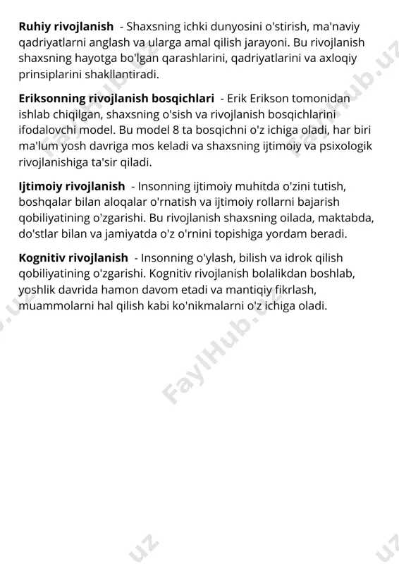 oshqalar bilan aloqalar o'rnatish va ijtimoiy rollarni bajarish qobiliyatining o'zgarishi. bu rivojlanish shaxsning oilada, maktabda, do'stlar bilan va jamiyatda o'z o'rnini topishiga yordam beradi. kognitiv rivojlanish - insonning o'ylash, bilish va idrok qilish qobiliyatining o'zgarishi. kognitiv rivojlanish bolalikdan boshlab, yoshlik davrida hamon davom etadi va mantiqiy fikrlash, muammolarni hal qilish kabi ko'nikmalarni o'z ichiga oladi.