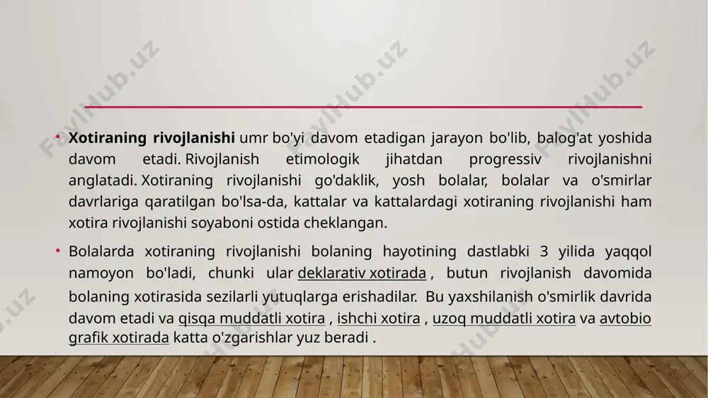 onenti o'rtasidagi munosabatlarning kuchi turlicha; markaziy ijroiya organi ham fonologik halqa, ham bir-biridan mustaqil bo'lgan vizual fazoviy sketchpad bilan mustahkam bog'langan. ba'zi dalillar 3-4 yoshdan boshlab o'smirlik davriga qadar ishchi xotira samaradorligining chiziqli o'sishini ko'rsatadi. markaziy ijro etuvchi organ ishchi xotiraning ajralmas qismi bo'lib, ishchi xotira tizimini har tomonlama diqqat-e'tibor nazoratini o'z ichiga oladi. dastlab kail va saveykis markaziy ijroiya organi ba'zi ma'lumotlarni saqlashda muhim rol o'ynagan va markaziy ijroiya organi uzoq muddatli xotirani mustahkamlagan va diqqatni jamlash, bo'lish va o'zgartirish uchun resurslarni belgilash potentsialiga ega degan xulosaga keldi. hozirgi vaqtda markaziy boshqaruv modeli har qanday turdagi xotirani saqlash imkoniyatini istisno qiladi. biroq, u diqqatni nazorat qilish va kuchaytirish uchun mas'uliyatga ega ekanligini tushunishni o'z ichiga oladi. 2-4 yoshli bolalarda xotirani saqlash hajmining cheklanishi murakkab tushunish jarayonlarini cheklaydi. bola o'sib ulg'aygan sari, xotira uchun ko'proq joy ochadigan ishlov berish kamroq talab qilinadi. dalillar 4 yoshdan boshlab o'smirlik davrigacha ishlashning chiziqli …