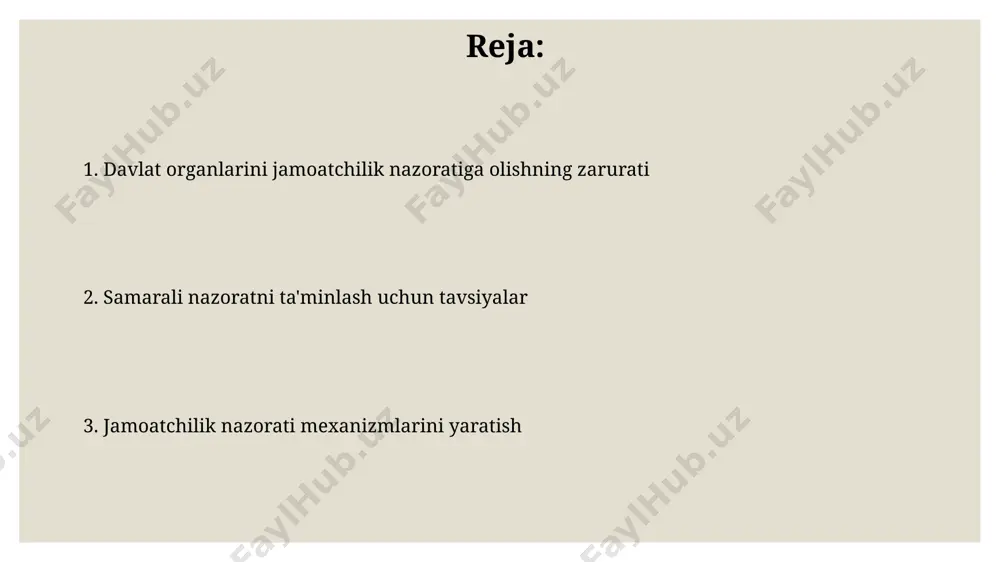 rib chiqilgan. davlat organlarining hisobot berish tizimi самарқанд вилоятидаги 3 та муҳим давлат органларининг 2023 йилги фаолияти тўғрисидаги ҳисоботларида аҳоли билан ўзаро мулоқотнинг самарадорлигини баҳолаш учун социологик сўров натижалари келтирилган. ўзбекистондаги 2021 йилги давлат органларининг бюджет маълумотларига оид ҳисоботларининг 70% дан ортиғи очиқ маълумотлар порталида жойлаштирилган бўлиб, бу фуқароларнинг назоратини кучайтиришга хизмат қилади. xalqaro tajriba va eng yaxshi amaliyotlar aqshning "freedom of information act" qonuni kabi qonunlar orqali 1000 dan ortiq davlat idoralarining faoliyati bo'yicha axborotga jamoatchilikning kirishi ta'minlanib, shaffoflik darajasini oshirishga yordam beradi. shvetsiya va finlyandiya kabi skandinaviya davlatlarida 5 dan 10 yilgacha bo'lgan muddatga tayinlanadigan mustaqil komissiyalar orqali hukumat organlarining faoliyatini ochiq va shaffof tarzda nazorat qilish tizimi samarali ishlaydi. muammolarni aniqlash va hal qilish mexanizmlari fuqarolik jamiyati institutlari bilan hamkorlikda, samarqand viloyatida 2024-yilga moʻljallangan 5 yillik reja doirasida 25 ta jamoatchilik kengashi tuzildi, bu mahalliy hokimiyat organlarining hisobotini 20% ga oshirdi. 2022-yilda oʻzbekiston respublikasining 5 ta viloyatida …