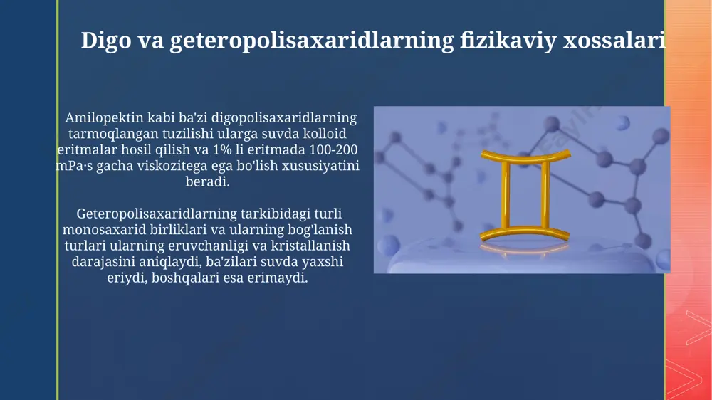 adi. xitinning kristall tuzilishi uning yuqori mexanik mustahkamligi va suvda erimaydigan xususiyatlariga hissa qo'shadi, bu esa uni tabiatda himoya funksiyasini bajarishga imkon beradi. digo va geteropolisaxaridlarning qo'llanilishi oziq-ovqat sanoatida 1000 dan ziyod mahsulotlarning tarkibiga kiradigan polisaxaridlarning qalinlashtiruvchi, stabilizator va emulsifikator sifatidagi xossalaridan foydalaniladi. biotexnologiya sohasida digopolisaxaridlar va geteropolisaxaridlar fermentlar yordamida 5-10% gacha hosilni oshirish uchun o'simliklarni qayta ishlashda qo'llaniladi. kelajakdagi tadqiqotlar yo'nalishlari turli xil kasalliklarga qarshi 20 dan ortiq yangi bioaktiv polisaxaridlarni aniqlash va ularning farmakologik xususiyatlarini batafsil o'rganish zarur. dastlabki in vitro va in vivo tadqiqotlar natijalariga asoslanib, kamida 3 ta yangi polisaxarid asosidagi dori vositalarini klinik sinovlardan o'tkazish rejalashtirilishi lozim. glikogenning tuzilishi va xossalari glikojenning yuqori darajada tarmoqlangan tuzilishi unga katta miqdorda glyukoza qoldiqlarini saqlash va tezkor gidrolizlanish imkonini beradi, bu esa organizmning energiya ehtiyojini qondirishda muhim rol o'ynaydi. glikojen α-1,4-glikozid bog'lanishlar orqali bog'langan glyukoza qoldiqlarining tarmoqlangan polisaxarididir, bunda har 8-12 glyukoza qoldig'idan keyin α-1,6-glikozid bog'lanishlari orqali tarmoqlanish …