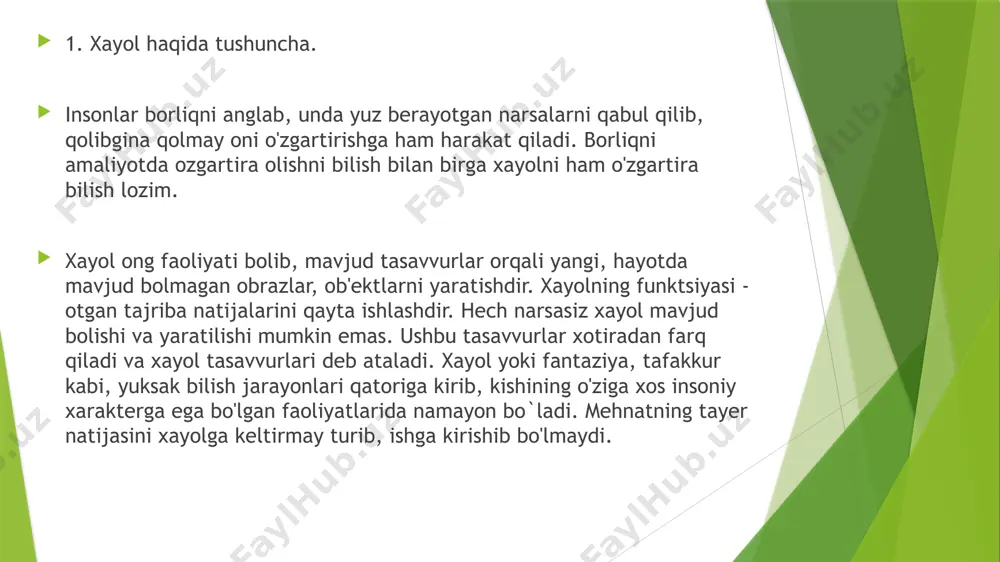 . ijodiy xayol bu yangi obrazlarni tayyor ta'riflar yoki shartli tasvirlarga tayanmagan holda tayyor. xayolning bu turi inson mustaqil holda boshqa odamlar yoki jamiyat uchun qadrli boʻlgan, faoliyatning aniq o'ziga xos mahsulotida gavdalangan yangi obraz va gʻoyalar ustida. ijodiy inson ijodiy faoliyat barcha turlarining xayol qismi asosi bo'lib qoladi. - boshqargangi antitsipatsiyaviy xayol insonning juda muhim va zarur jarayonlarni oldindan - sezish, ning oqibatlarini ko'ra olish va boshqa asosda yotadi. insonning bu narsaga ko'ra inson "fikriy nigoh" > dasturiy sabab oʻzi, boshqa odamlar yoki atrofdagilar bilan nimalar sodir boʻlishini ko'ra oladi. sust xayol ichki, sub'ektivga bo'ysunadi. bunda amaliy faoliyatdan toʻliq yoki yaqin toʻliq boʻlgan ajralish mavjud. bunda fantaziya hayotga tadbiq etmaganobrazlarni, amalga oshmaydigan yoki tadbiq etmaydigan hulq - atvor dasturlari rivojlanishiadi. sust xayol jarayon qandaydir yoki tilakning noreal qondirilishi amalga oshirish. bunday xayolning materiallar kabi obrazlar, tasavvurlar, tajriba va tajribada toʻplangan boshqa ma'lumotlar xizmat qiladi. image1.jpeg image2.jpeg image3.jpeg