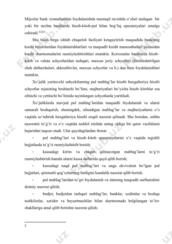 ularning maqsadli sarflanishini doimiy nazorat qilish; · budjet, budjetdan tashqari mablag’lar, banklar, xodimlar va boshqa tashkilotlar, xaridor va buyurtmachilar bilan shartnomada belgilangan to’lov shakllariga amal qilib borishni nazorat qilish; · qarzlarni qaytarish muddatidan o’tkazib yubormaslik maqsadida debitor va kreditorlar o’rtasidagi o’zaro hisob – kitoblarni o’z vaqtida taqqoslama dalolatnomalar bilan rasmiylashtirish hamda uni so’ndirish bo’yicha chora-tadbirlar ko’rish; · xo’jalikning pul mablag’lari harakatini oldindan prognozlash va pul oqimini me’yorlashtirish bo’yicha tegishli tadbirlar ishlab chiqishda iboratdir. 2. kassa operatsiyalarini hisobga olish korxonaning kassasi buxgalteriya aparatining tarkibida bo’lib, unga naqd pul mablag’lari va boshqa qimmatliklar (qimmatli qog’ozlar, pulli hujjatlar, pochta markalari va boshqa) ni qabul qilish, berish hamda saqlash operatsiyalarini amalga oshirish majburiyati yuklatilgan. pul mablag’larining butligi, kassa operatsiyalarini bajarish bo’yicha moddiy javobgarlik korxona rahbari tomonidan tayinlanadigan kassirga biriktirilgan. kassa operatsiyalarini yuritish amaldagi qoidaga ko’ra tartibga solinadi. [3][5] kassada kechiktirib bo’lmaydigan xarajatlarni qoplash uchun zarur bo’lgan belgilangan limit doirasida qoldiq bo’lishi mumkin. belgilangan limitdan …