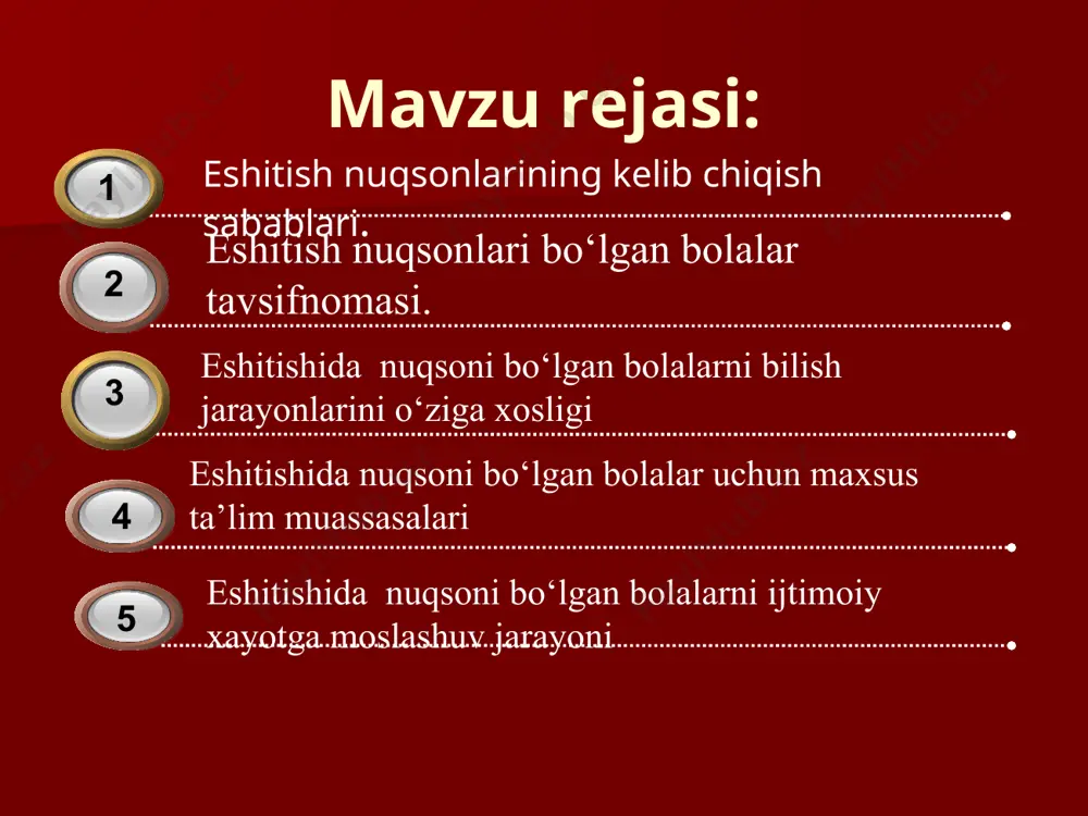 ganiga endo- yoki ekzogen ta'sir etuvchi omillar (onaning yuqumli kasalliklari, onaning intoksikatsiyasi, homiladorlik paytida onaning shikastlanishi, homila va onaning qonining rh omiliga mos kelmasligi) tug'ma karlik yoki zaif eshitish eshitish buzilishining sabablari 3. sog'lom bolaning rivojlanish davrlaridan birida eshitish organiga ta'sir qiluvchi omillar (o'rta quloqdagi yallig'lanish jarayonining oqibatlari, yuqumli kasalliklar, antibiotiklarning ta'siri, tug'ilish travması, mexanik shikastlanishlar) orttirilgan eshitish qobilatining buzilishi eshitish buzilishining sabablari funktsional buzilishlar sanitariya - gigiyena qoidalari normalariga rioya qilmaslik kuchli shovqin va tebranishlarga uzoq vaqt ta'sir qilish. eshitishi noqishlangan bolalarning tasnifi erta yoshda tug'ma yoki orttirilgan karlik natijasida og'zaki nutqni mustaqil ravishda o'zlashtirish imkoni bo'lmagan bolalar (101-internat) eshitish qobiliyatini yo'qotgan bolalar, lekin unga asoslangan nutqni rivojlantirish mumkin. bularga eshitish qobiliyati past bolalar kiradi 20 dan 75 db gacha. (102, 106 maktab-internat) kar bolalar zaif eshituvchi bolalar kar bolalar erta karlik bolalar nutqi shakllanmagan kech karlikning yuzaga kelishi bu bolalarda eitishida muammo paydo bo‘lgunga qadar nutq rivojlanib bo‘lgan …