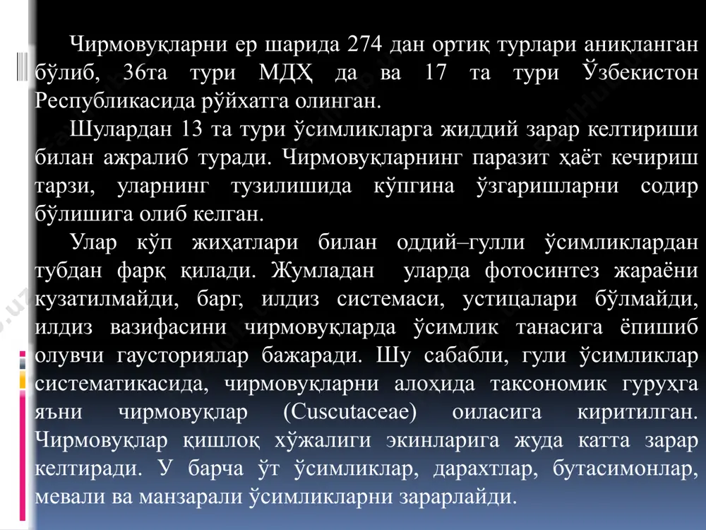 rasini chirmovuq gaustoriyalari bilan so'rib olishda, virus ham o'tadi va chirmovuq boshqa o'simlikka gaustoriyalari bilan yopishib olganda, gaustoriya orqali virus ikkinchi o'simlikka o'tib oladi, dala chirmovuqlari tamaki mozaikasi, sariq dog'lanish, lavlagining barg bujmayishi va boshqa kasalliklarni tarqatadi. tarqalishi. chirmovuqlar o'simlik va ekinlarga turli yo'llar bilan o'tadi. ya'ni chirmovuq bilan zararlangan qishloq xo'jalik mahsulotlari orqali, urug' bilan, ekinlarni sug'orishda, yaxshi chirimagan go'ng bilan, tuproq bilan, qishloq xo'jalik qurollari, transport vositalari, urug' tozalash mashinalari, temir yo'l vagonlari va taralari orqali, parranda va hayvonlar orqali tarqaladi. tuproqqa tushgan chirmovuq urug'lari bir necha yillargacha unuvchanligini saqlab qoladi. chirmovuq urug'lari shamol yordamida ham tarqalishi mumkin (1-rasm). 1-rasm. chirmovuqlarning tarqalishi. biologik xususiyatlari. chirmovuq urug'ining qobig'i juda qattiq, suvni judayam sust o'tkazadi. shuning uchun to'liq pishib etilmagan urug'ining qobig'i yumshoqlik vaqtida uni tez unib chiqishiga sabab bo'ladi. chirmovuq urug'i spiralsimon cho'zinchoq yo'ldoshlardan va oqsil qatlamli massadan tashkil topgan. yo'ldoshlarning spiralsimon buralib o'sib chiqishi ularga o'simlik tanasiga yopishib …