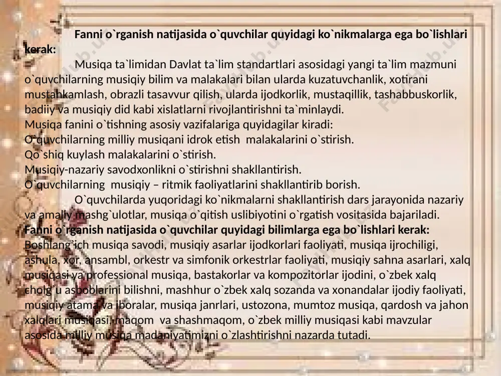 shi ijro jarayonida yaqqol ko'rinadi. maqomlarda asosiy musiqa asbobi tanbur hisoblanadi, doira musiqa asbobi esa hamisha maqomlarning usulini ushlab (urishga yordam beradi. biz aytib o'tgan shashmaqomda tanbur yetakchi musiqa asbobi hisoblanadi. shashmaqom murakkab musiqa asari bo'lib, uning ichki tuzilmasi quyidagicha: cholg'u bo'limi (mushkilot). ashula bo'limi (nasr). shashmaqomning ichki tuzilmasi shashmaqomning cholg'u bo'limi «mushkilot» shashmaqomda cholg'u bo'limi alohida o'ringa ega. cholg'u bo'limi «mushkilot» deb nomlanadi. «mushkilot» - - «qiyin-chiliklar», «og'irlik» degan lug'aviy ma'noni anglatadi. maqom-ning birinchi bo'limida shu maqomga mansub barcha cholg'u kuylari o'rin olgan. ular qator yirik hajmli hamda nisbatan ixchamroq asarlardan tarkib topadi. cholg'u bo'limi quyidagi qismlardan iborat: tasnif — «sinflashgan», «tabaqalashgan», «yaratilgan» ma'nolarni bildiradi. bu qism mushkilot bo'limida asosiy qismni tashkil qiladi. tasnif qismida butun maqomning bosh cholg'u vazifasi yuklanadi. tarji' — «qaytarish», «naqarot» ma'nolarini bildiradi. «tarji» mushkilot bo'limining ikkinchi qismi hisoblanadi. tarjida doyra usuli joriy etilmagan, tasnifning doyra usulidan foydalaniladi. gardun — «osmon», «falak», «aylana» ma'nolarini bildiradi. …