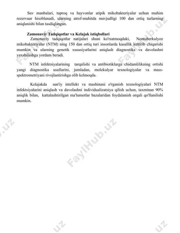 monaviy tadqiqotlar natijalari shuni ko'rsatmoqdaki, nontuberkulyoz mikobakteriyalar (ntm) ning 150 dan ortiq turi insonlarda kasallik keltirib chiqarishi mumkin va ularning genetik xususiyatlarini aniqlash diagnostika va davolashni yaxshilashga yordam beradi. ntm infektsiyalarining tarqalishi va antibiotiklarga chidamlilikning ortishi yangi diagnostika usullarini, jumladan, molekulyar texnologiyalar va mass-spektrometriyani rivojlantirishga olib kelmoqda. kelajakda sun'iy intellekt va mashinani o'rganish texnologiyalari ntm infektsiyalarini aniqlash va davolashni individualizatsiya qilish uchun, taxminan 90% aniqlik bilan, kattalashtirilgan ma'lumotlar bazalaridan foydalanish orqali qo'llanilishi mumkin. 📌xulosa нодир микобактериялар турли касалликларга сабаб бўлиши мумкинлиги ва уларни аниқлаш, даволашдаги мураккаблигини инобатга олиб, тезкор ва самарали диагностика усулларини ривожлантириш муҳимдир. 📚foydalanilgan adabiyotlar 1. (manba 1ning tarjimasi kerak) 2. (manba 2ning tarjimasi kerak) 3. (manba 3ning tarjimasi kerak) 4. (manba 4ning tarjimasi kerak) 5. (manba 5ning tarjimasi kerak) 6. (manba 6ning tarjimasi kerak) 7. (manba 7ning tarjimasi kerak) 8