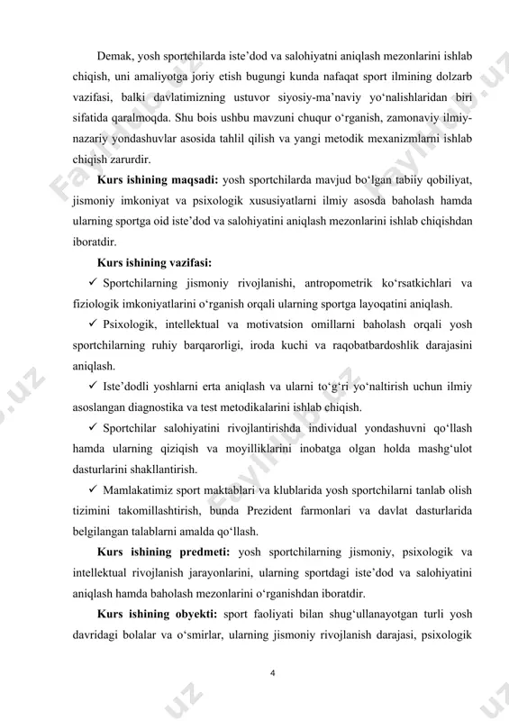 i, iroda kuchi va raqobatbardoshlik darajasini aniqlash. · iste’dodli yoshlarni erta aniqlash va ularni to‘g‘ri yo‘naltirish uchun ilmiy asoslangan diagnostika va test metodikalarini ishlab chiqish. · sportchilar salohiyatini rivojlantirishda individual yondashuvni qo‘llash hamda ularning qiziqish va moyilliklarini inobatga olgan holda mashg‘ulot dasturlarini shakllantirish. · mamlakatimiz sport maktablari va klublarida yosh sportchilarni tanlab olish tizimini takomillashtirish, bunda prezident farmonlari va davlat dasturlarida belgilangan talablarni amalda qo‘llash. kurs ishining predmeti: yosh sportchilarning jismoniy, psixologik va intellektual rivojlanish jarayonlarini, ularning sportdagi iste’dod va salohiyatini aniqlash hamda baholash mezonlarini o‘rganishdan iboratdir. kurs ishining obyekti: sport faoliyati bilan shug‘ullanayotgan turli yosh davridagi bolalar va o‘smirlar, ularning jismoniy rivojlanish darajasi, psixologik holati, intellektual salohiyati hamda sportga oid qobiliyat va iqtidorlarini namoyon etish jarayonidir. kurs ishining tarkibiy tuzilmasi: ushbu kurs ishi kirish qism, asosiy qism, 2 ta bob, 6 ta reja, xulosa va foydalanilgana adabiyotlardan iborat i.bob. yosh sportchilarda iste’dod va salohiyat tushun- chasining nazariy asoslari. 1.1.sport …