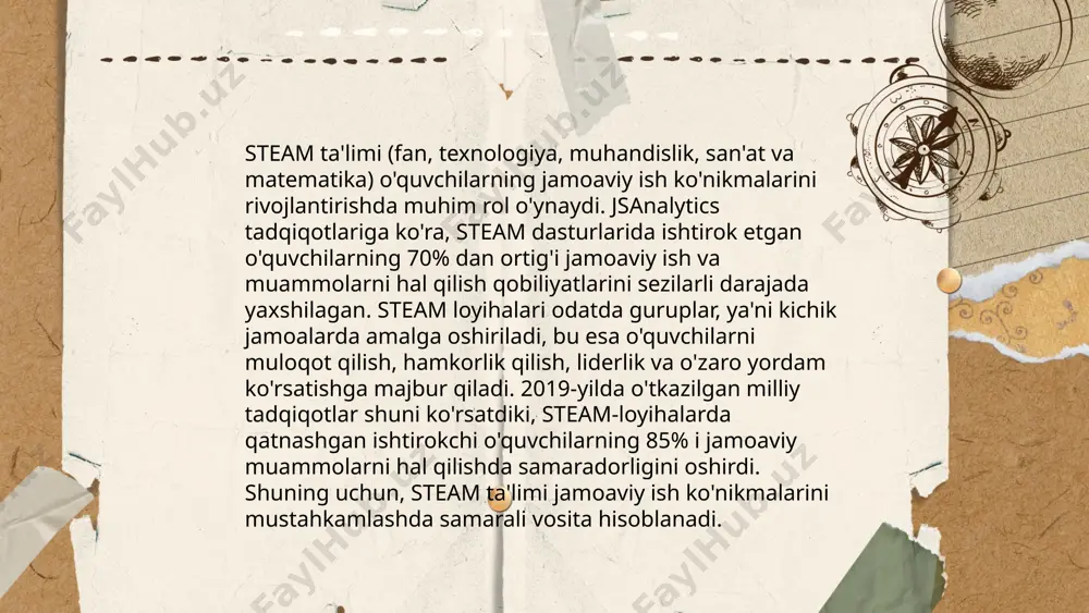 vchi va talabalar fikrlash qobiliyatlarini kengaytirish uchun xizmat qiladi. fanlararo integratsiya orqali o‘quvchilarning 70 foizi mavzularni yaxshiroq o‘zlashtiradi. misol uchun, matematika va biologiya birikmalari orqali biologik modellarni matematik tarzda tahlil qilish imkoniyati paydo bo‘ladi. ushbu yondashuvni muvaffaqiyatli amalga oshirish uchun o‘qituvchilar uchun maxsus treninglar o‘tkaziladi, bu esa ularning qobiliyatlarini 40 foizga yaxshilaydi. integratsiya natijasida, dars jarayonida foydalaniladigan innovatsion usullar, o‘quvchilarning yaratish va tahlil qilish qobiliyatlarini 60 foizga oshiradi. shu tariqa, fanlararo integratsiya ta’lim sifatini yaxshilash uchun muhim vosita bo‘lib qoladi. ... t.me/slaydai_bot steam ta'limi (fan, texnologiya, muhandislik, san'at va matematika) nazariy va amaliy bilimlarni yagona tizimga birlashtirishga qaratilgan. oʻquvchilar nazariy bilimlarini real hayotdagi muammolarni hal qilishda qoʻllashlari uchun imkoniyat yaratadi. masalan, muhandislik loyihasi doirasida matematika va fizikadan olingan nazariy bilimlarni amaliyotda qoʻllash orqali oʻrganish chuqurlashadi. steam ta'limi oʻquvchilarning kreativligini va muammolarni hal qilish boʻyicha ko'nikmalarini rivojlantirishga hissa qoʻshadi. 2022 yilda, ushbu yondashuvni qabul qilgan maktablarning 70% oʻquvchilari muhim fanlar boʻyicha …