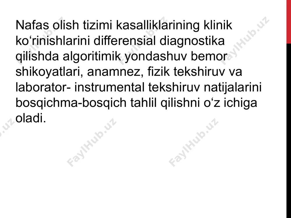 nafas qisilishi: bronxial astma: epizodik, hushyorlik vaqtidagi zo‘rayish. so‘ok: surunkali, progressiv. o‘pka emboliyasi: birdaniga boshlanish, ko‘krak og‘rig‘i bilan. ko‘krak og‘rig‘i: plevrit: nafas olishda zo‘rayadi. pnevmotoraks: birdaniga boshlanish, havo tuyg‘usi. miokard infarkti: davomli, boshqa simptomlar bilan birga. davolash va kuzatish strategiyasi dastlabki differensial tashxisga asoslanib muolaja boshlanadi. kasallikning aniqlangan sabablariga qarab maxsus davolash belgilanadi (masalan, antibiotiklar, bronxodilatatorlar yoki kortikosteroidlar). bu yondashuv nafas olish tizimi kasalliklarini to‘g‘ri tashxislashda yordam beradi va bemorga mos davolashni o‘z vaqtida boshlash imkonini beradi. a. quruq yo‘tal bronxial astma: tungi yo‘tal kuchayishi. nafas qisilishi va xirillash bilan birga. spirometriyada obstruksiya mavjud. nafas yo‘llari virusli infeksiyasi: birlamchi simptom sifatida paydo bo‘ladi. isitma va umumiy zaiflik bilan. o‘pka fibrozi: surunkali va progressiv yo‘tal. yon tomonlarda krepitatsiyalar (mayda xirillashlar). ktda o‘pka to‘qimasining "shisha shaffofligi." b. nam yo‘tal o‘tkir bronxit: nam xirillashlar va balğam ajralishi. odatda virusli infeksiya fonida. pnevmoniya: isitma, ko‘krak qafasida og‘riq. rentgenologik infiltratlar. surunkali obstruktiv o‘pka kasalligi (so‘ok): …
