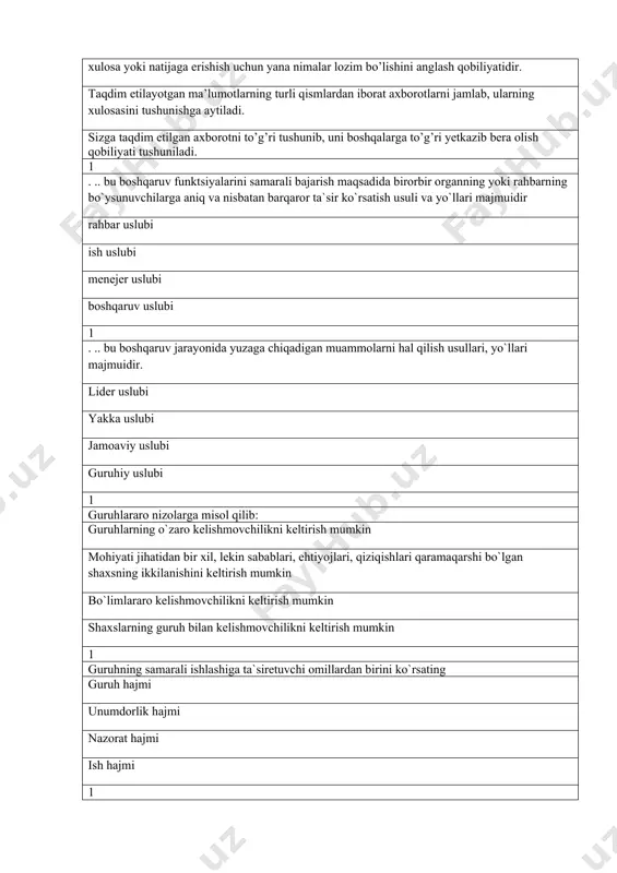 borat axborotlarni jamlab, ularning xulosasini tushunishga aytiladi. sizga taqdim etilgan axborotni to’g’ri tushunib, uni boshqalarga to’g’ri yetkazib bera olish qobiliyati tushuniladi. 1 . .. bu boshqaruv funktsiyalarini samarali bajarish maqsadida birorbir organning yoki rahbarning bo`ysunuvchilarga aniq va nisbatan barqaror ta`sir ko`rsatish usuli va yo`llari majmuidir rahbar uslubi ish uslubi menejer uslubi boshqaruv uslubi 1 . .. bu boshqaruv jarayonida yuzaga chiqadigan muammolarni hal qilish usullari, yo`llari majmuidir. lider uslubi yakka uslubi jamoaviy uslubi guruhiy uslubi 1 guruhlararo nizolarga misol qilib: guruhlarning o`zaro kelishmovchilikni keltirish mumkin mohiyati jihatidan bir xil, lekin sabablari, ehtiyojlari, qiziqishlari qaramaqarshi bo`lgan shaxsning ikkilanishini keltirish mumkin bo`limlararo kelishmovchilikni keltirish mumkin shaxslarning guruh bilan kelishmovchilikni keltirish mumkin 1 guruhning samarali ishlashiga ta`siretuvchi omillardan birini ko`rsating guruh hajmi unumdorlik hajmi nazorat hajmi ish hajmi 1 nizoli vaziyatlarni bartaraf etish usullarini ko`rsating uzoqlashish, silliqlash, majburlash, kelishuv, muammoni hal etish odamlar bilan kelishish, munosabatlarni yo`lga qo`yish, kelishish, nizolarni bartaraf etish stressdan …