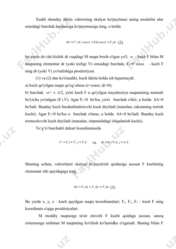 n , shu bilan birga , (31) bunda - bu 1 nuqtadan 2 -nchisiga o'tkazilgan radius vektor; f((() - nuqtalar orasidagi faqat masofa ( ga bog’liq bo'lgan kuchning vektorning yo'nalishiga proeksiyasi. kuchlar potensial ekanligini isbotlaymiz: , ya'ni sistemaning potensial energiyasini topamiz: 5 – rasm wп(()=0 ekanligidan, (32) ni olamiz. tortishish va o'zaro itarishish vander-vaals kuchi yordamida ya'ni bir-biri bilan o'zaro ta'sirlashuvchi real gazning ikkita molekulasi ko'rilayotgan sistemaga misol bo'lib xizmat qiladi (§ 12.1 ga qarang). 4-misol. elastik deformatsiyalanuvchi jism potensial energiyasi. elastik jism deformatsiyasida jism deformatsiyasiga qarshilik ko'rsatuvchi va elastiklik kuchi deb ataluvchi ichki kuch yuzaga keladi. bo'yiga cho'zilish va qisilishdagi (misol, prujinaning ox o'qi bo'ylab) elastiklik kuchi guk qonuniga bo'ysunadi: f = - kxi, (33) bunda k - jismning elastiklik xususiyatini xarakterlovchi doimiy musbat koeffitsient; xi - deformatsiya vektori (i - ox o'qining orti, x=0 koordinata deformatsiyalanmagan holatga mos keladi). (33) elastiklik kuchi - potensial kuch, shu kabi . …