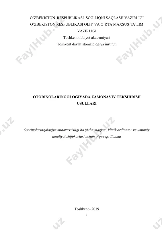 ..................................................... 14 burunning chiqarish faoliyatini tekshirish ........................................................ 15 burun va burun yondosh bo’shliqlarini tibbiy asboblar yordamida tekshirish ........................................................................ 16 diafonoskopiya ………………………………………………………………. 16 biopsiya tekshiruvi ........................................................................................... 18 burun mikroskopiyasi tekshiruvi ...................................................................... 19 burun va burun xalqum endoskopiyasi tekshiruvi ............................................ 22 yuqori jag’ bo’shlig’i endoskopiyasi tekshiruvi ................................................ 29 burun yon bo’shliqlari kasalliklarini ultratovush yordamida aniqlash ............. 32 burun va burun yondosh bo’shliqlari rentgenografiyasi tekshiruvi ................. 41 kompyuter tomografiya tekshiruvi ................................................................... 47 magnit rezonansli tomografiya ......................................................................... 57 ii bob. quloqni tekshirish usullari. klinik tekshiruv usullari......................................................................................................... 60 otoskopiya ........................................................................................................ 60 eshituv naylari faoliyatini tekshirish ................................................................ 64 eshituvni shivirlash va oddiy nutq yordamida tekshirish ................................. 68 eshituvni kamertonlar yordamida tekshirish .................................................... 70 eshituv a`zosi faoliyatini tekshiruv usullari .................... 73 tonal bo’sag’ali audiometriya tekshiruvi .......................................................... 75 tonal bo’sag’a usti audiometriya tekshiruvi ........................................