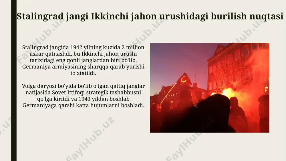 0 dan ortiq nemis askarini oʻrab oldi va yoʻq qildi, bu germaniya armiyasining kuchini sezilarli darajada susaytirdi. sovet ittifoqining gʻalabasi germaniyaning sharqiy frontdagi strategik tashabbusini yoʻqotib, resurslarni qayta taqsimlashga va harbiy kuchlarini qayta guruhlashga majbur qildi. "barbarossa" rejasi: maqsadlari va strategiyasi barbarossa rejasi germaniyaning 1941-yil 22-iyunida sssrga qarshi boshlangan kutilmagan hujumi bo'lib, moskva va kavkazdagi neft konlarini tez egallab olishni maqsad qilgan edi. rejaning asosiy strategiyasi uchta asosiy armiya guruhi – "shimol", "markaz" va "janub" – tomonidan amalga oshirilishi, sssrning mudofaa kuchlarini tezda yo'q qilish va blitzkrieg taktikasini qo'llashdan iborat edi. "uran" operatsiyasi operatsiya 19-noyabrda boshlanib, mudofaa chizig'ining bir qancha qismlarini buzishga muvaffaq bo'ldi, ammo qattiq qarshilikka duch keldi va stalingrad janubidagi muhim strategik pozitsiyalarni egallashga erisha olmadi. "uran" operatsiyasi germaniya qo'shinlarining 1942 yilning noyabrida stalingrad yaqinidagi 6-armiyasini qurshovga olishga qaratilgan katta miqyosdagi hujum edi, ammo bu rejani sovet qo'shinlari muvaffaqiyatli rad etdi. stalingrad jangi boshlanishi stalingrad jangi 1942-yilning 23-avgustida, …