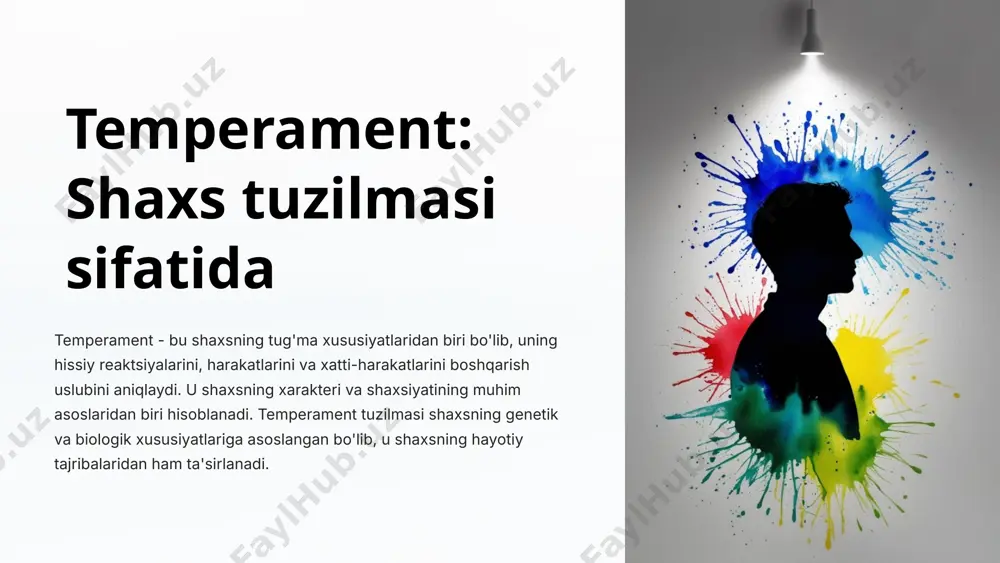 sosan muvozanatli va optimist bo'ladi. osongina moslashish sangviniklar yangi sharoitlarga tezda moslashadilar va ularga muloqot qilish va boshqalar bilan munosabat qurish oson. 6 flegmatik temperament 1 sezgir harakatlanish flegmatiklarning harakatlari sekin va o'ychan bo'ladi, ular xotirjamlikni yoqtiradi. 2 muvozanatli kayfiyat ular xotirjam va tinch bo'ladi, ular kamdan-kam hayajonlanadi. 3 barqaror xatti-harakat ularning xatti-harakatlari barqaror va o'zgaruvchan emas, ular ishonchli va o'zgarmas hisoblanadi. 7 melanxolik temperament kuchsiz hissiylik melanxoliklarning hissiy reaksiyalari kuchsiz va ular osongina xafa bo'lishlari mumkin. chuqur o'ychanlik ular chuqur o'ychan, ularning his-tuyg'ulari murakkab va ular o'zlariga ko'p e'tibor beradilar. beqaror kayfiyat ularning kayfiyati o'zgaruvchan bo'lib, ular osongina xafa bo'lishlari mumkin. 8 ekstraversiya va introversiya ekstraversiya ekstravertlar - bu tashqi dunyoga yo'naltirilgan, ular ijtimoiy aloqalarni yoqtiradi, ularni faol va g'ayratli hisoblash mumkin. ular osongina yangi tanishlarni topadilar, ularga ko'p g'oyalar va energiya xos. introversiya introvertlar - bu o'zlariga yo'naltirilgan, ular xotirjamlikni yoqtiradi, ularni jim va chuqur o'ychan hisoblash mumkin. …