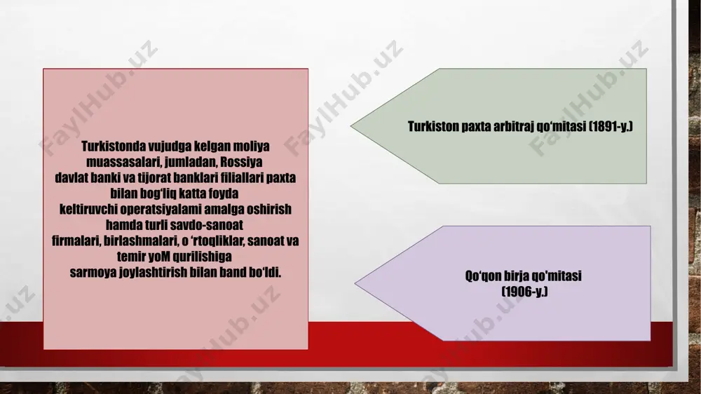 at «n.kudrin v k» o’rta osiyo savdo-sotiq shirkating ustavini tasdiqladi. ustavka ko’ra, shirkatga paxta plantasiyalarini tashkil etish; amerka navli chigitlarini sotish; paxta yetishtirishda zarur ish qurollari va ko’rsatmalaridan foydalanish, paxtani mexanik usulda tozalash va toshyash; paxta va boshqa qishloq xo’jalik maxsulotlari bilan, shuningdek, rus zavodlari va manufakturalarining tovarlari bilan savdo qilishga ruxsat berildi paxta tozalash yog’ ishlab chiqarish vino va pivo ishlab chiqarish musallas shinni sanoatdagi yetakchi tarmoqlar korxonalar faoliyati paxta tozalash zavodidagi ish jarayoni quyidagi tartibda olib borilgan: masalan, s.i. nazarov zavodida 110 arrali 6 jin (paxta tozalaydigan mashina) mavjud edi. har bir jin mahsuldorligi bir arraga sutkasiga 3 pud paxta hisobidan to‘g‘ri kelardi. jin bug‘da, arra esa qo‘lda harakatga keltirilgan. zavodda hammasi bo‘lib 12 kishi ishlar, ya’ni har jarayonga 6 tadan odam to‘g‘ri kelgan. zavod jihozlari asta-sekin takomillasha borgan. jinlar miqdori va paxtani pnevmatik (siqilgan havo bilan ishlaydigan) usulida uzatish bo‘yicha texnik jihoz ortib bordi. qo‘l va vintli …