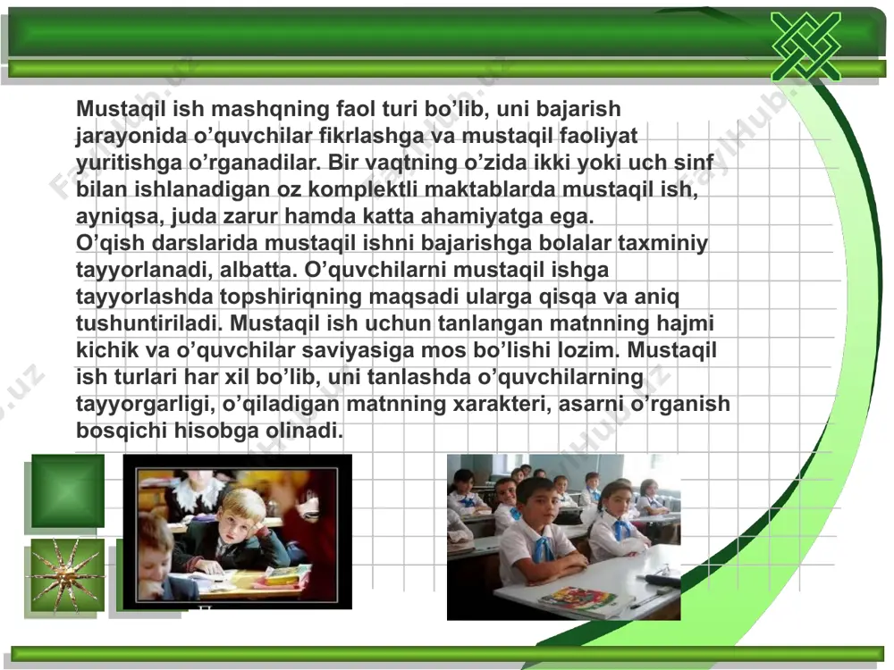 abab-natija bog’lanishlarini tushunadilar. 3. o’qilgan asar mazmunini to’liq anglash, bilib olish uchun o’qituvchi topshirig’ini bajarish. topshiriqlar quyidagicha bo’lishi mumkin: a) o’qing va omonatga xiyonatning jazosi qandayligini aytib bering. («omonatga xiyonat», iv sinf) b) o’qing va nima uchun hunarsiz kishi o’limga yaqinligini tushuntirib bering. («hunarsiz kishi o’limga yaqin», iv sinf) va hok. 4. o’qilgan matn rejasini tuzishga tayyorlanish va reja tuzish. bunda quyidagi ish turlaridan foydalaniladi: 1) o’qilgan matnga oid rasm chizish; 2) rasmga matndagi so’zlar yoki o’z so’zi bilan sarlavha qo’yish; mustaqil ishning qanday bajarilganligini hisobga olish o’quvchilarning tayyorlik darajasini aniqlashda va keyingi bosqichlarda mustaqil mashqni to’g’ri tashkil qilish uchun material tanlashda o’qituvchiga yordam beradi. o’qish darslarida badiiy asarlarni janriy xususiyatlariga ko’ra o’rganish boshlang’ich sinflarning o’qish darslarida garchi ilmiy jihatdan bo’lmasa-da, amaliy jihatdan turli janrga mansub asarlar o’qib o’rganiladi. o’qish darsliklariga, asosan, hikoya, she’r, ertak, masal, maqol, doston, rivoyat va topishmoq kabi janrdagi asarlar kiritilgan. bulardan tashqari, ilmiy-ommabop asarlar ham …