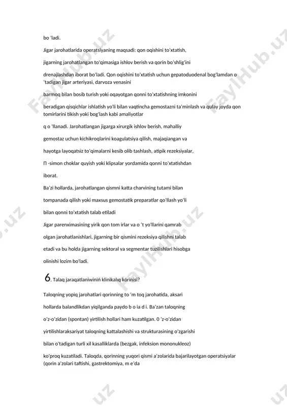 tatik preparatlar qo‘llash yo‘li bilan qonni to‘xtatish talab etiladi jigar parenximasining yirik qon tom irlar va o ‘t yo'llarini qamrab olgan jarohatlanishlari, jigarning bir qismini rezeksiya qilishni talab etadi va bu holda jigarning sektoral va segmentar tuzilishlari hisobga olinishi lozim bo'ladi. 6. talaq jaraqatlaniwiniń klinikalıq kórinisi? taloqning yopiq jarohatlari qorinning to ‘m toq jarohatida, aksari hollarda balandlikdan yiqilganda paydo b o ia d i. ba’zan taloqning o‘z-o‘zidan (spontan) yirtilish hollari ham kuzatilgan. 0 ‘z-o‘zidan yirtilishlaraksariyat taloqning kattalashishi va strukturasining o‘zgarishi bilan o'tadigan turli xil kasalliklarda (bezgak, infeksion mononukleoz) ko'proq kuzatiladi. taloqda, qorinning yuqori qismi a’zolarida bajarilayotgan operatsiyalar (qorin a’zolari taftishi, gastrektomiya, m e’da yoki me’da osti bezi rezeksiyasi va b.) vaqtida tasodifan, yatrogen jarohatlarning ro‘y berishi, alohida ahamiyatga ega bo'ladi. qorinning to ‘mtoq jarohatida taloqning bir yoki ikki bosqichli yorilishlari farqlanadi. bir bosqichli yorilishda, aw aliga taloq kapsulasida nuqson paydo bo‘ladi, bunda ko‘p yoki kam miqdorda ichki qon ketish simptomlari …