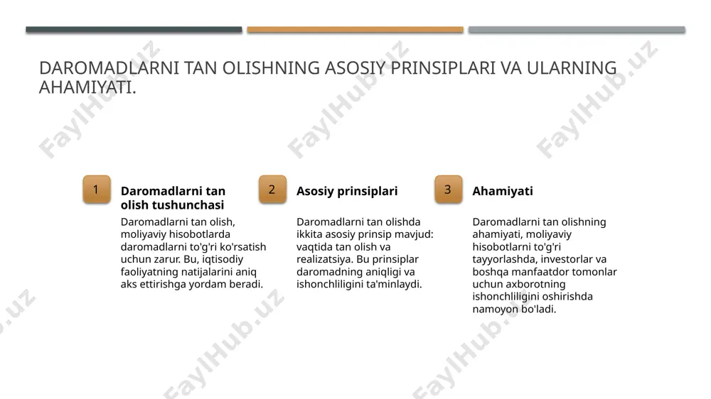 uxgalteriya hisobi standartlariga asoslanadi, bu esa moliyaviy shaffoflikni ta'minlaydi. 3 amaliyot va usullar o'zbek moliya amaliyotlarida daromadlarni tan olishda ko'plab usullar qo'llaniladi, jumladan, kassa usuli va to'lov usuli. har bir metodning o'ziga xos afzalliklari mavjud. 4 moliya va iqtisodiy ta'sir daromadlarni tan olish jarayoni o'zbekiston iqtisodiy rivojlanishiga sezilarli ta'sir ko'rsatadi, chunki u investitsiyalar va biznes faoliyatini rag'batlantiradi. o'zbekistonda daromadlarni baholashda qo'llaniladigan usullar. daromad baholash usullari o'zbekistonda daromadlarni baholashda eng keng tarqalgan usullar qatoriga bozor qiymati, xarajat va daromad yondashuvlari kiradi. bozor qiymati yondashi ushbu usulda daromadlar bozor sharoitlariga muvofiq hisoblanadi. ular raqobatbardosh narxlar va iste'molchilar talabiga asoslanadi. xarajat yondashi xarajat yondashi orqali daromadlar ishlab chiqarish va xizmatlar ko'rsatish jarayonidagi xarajatlar asosida baholanadi. bu usul iqtisodiy samaradorlikni ta'minlaydi. o'zbek moliya tizimining daromadlarni tan olishdagi ahamiyati. o'zbek moliya tizimi o'zbek moliya tizimi iqtisodiy barqarorlikni ta'minlash va daromadlarni tan olishda muhim rol o'ynaydi, ayniqsa mahalliy bizneslar uchun. daromadlarni tan olish o'zbek moliya tizimida …
