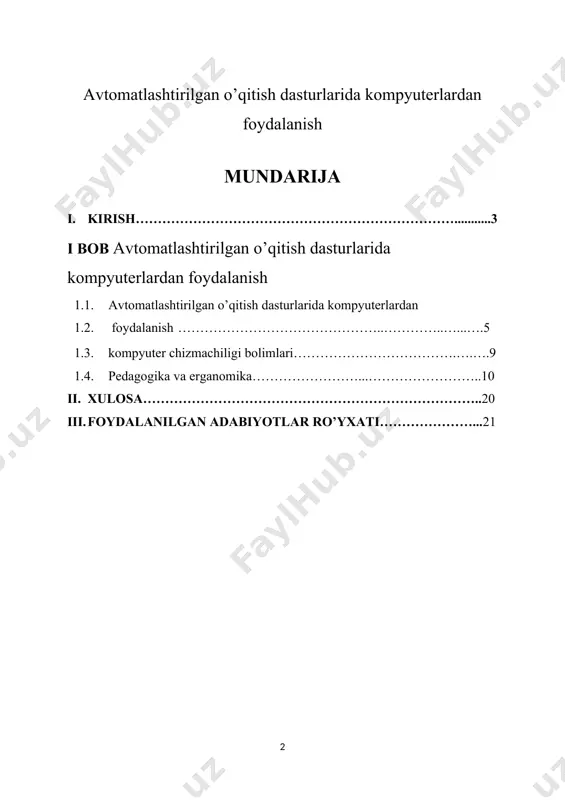 malga oshiriladi. ya'ni, ta'lim jarayoni •niluvchi (baholash) va o'quvchi (o'z-o'zini baholash) ishtirokida bir qtning 0bzida nazorat qilib boriladi. atd lari quyidagi tamoyillarga asoslanadi: axborotlar kichik miqdorda uzatiladi; har bir taklif qilinayotgan axborot miqdorining o'zlashtirilishini tekshirish uchun nazorat topshiriqlari o'rnatiladi; o'z-o'zini nazorat qilish uchun savollarga javob qaytariladi; javob to'g'riligiga qarab ko'rsatma beriladi. amalda o'qituvchiga atd ning chiziqli yoki tarmoqlangan turlaridan birini tanlash yoki ulardan bir vaqtning o'zida birgalikda foydalanish imkoniyati yaratilgan bo'iishi kerak. atd ning chiziqli turida o'quvchilar o'quv ma'lumotining hamma miqdorlarini ularni uzatilish ketma-ketligi tartibida ishiab, o'zlashtiradilar. tarmoqlangan atd yaxlit o'quv ma'lumotni o'zlashtirishda o'quvchiga individual yo'l tanlash imkonini berishni ko'zda tutadi. bunda ma'lumotni o'zlashtirish tayyorgarlik darajasiga bog'liq bo'ladi. ikkala holda ham o'quvchi va o'qituvchi o'rtasidagi aloqa maxsus vositalar (har xil dasturlashtirilgan o'quv qo'llanmalari, kompyuterlar) yordamida amalga oshiriladi. та'limning bu ko'rinishining afzalligi o'quv dasturini o'zlashtirish darajasi va sifati haqidagi ma'lumotni to'liq va doimiy ravishda olib turish imkoniyati mavjudligi bilan belgilanadi. atd …