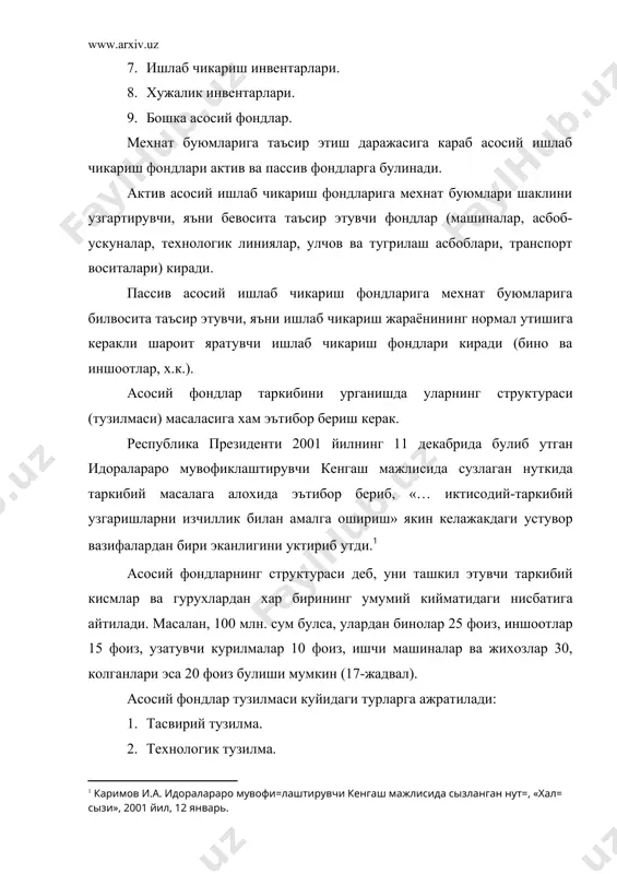 30 32,9 жадвалда келтирилган маълумотлардан куриниб турибдики, республика саноати асосий фондларининг технологик тузилмасида унинг пассив кисми кейинги йилларда бир оз кутарилган. галдаги вазифа уни пасайтиришдан иборат булиши керак. тармок тузилиши саноат тармокларидаги асосий фондларнинг таркиби билан ифодаланади (19-жадвал). 19- жадвал асосий фондларнинг тармок структураси (фоиз хисобида)( тармоклар 1999 йил 2000 йил электроэнергетика 8,1 7,8 ёкилги саноати 16,8 15,1 кора металлургия 0,6 0,6 рангли металлургия 15,8 22,9 кимё ва нефть-кимё саноати 4,4 5,2 машинасозлик ва металлни кайта ишлаш саноати 24,8 21,4 курилиш материаллари саноати 2,6 2,1 енгил саноат 14,9 11,5 озик-овкат саноати 7,4 8,6 бошка тармоклар 4,6 4,8 худудий тузилма асосий фондларининг худудий таксимланиши ва уларнинг нисбати билан белгиланади. такрор ишлаб чикариш структураси янги курилиш ва кайта куриш, кайта куроллантириш ва асосий фондларни кенгайтиришнинг нисбати ва тутган урнини ифодалайди. асосий фондларни бахолаш амалиётда асосий фондларни бахолашнинг куйидаги турлари кулланилади: 1) дастлабки тула киймат оркали белгиланган бахо; 2) кийматини кайтадан тиклаш оркали …
