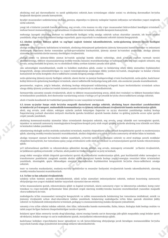 tish; sud, huquqni muhofaza qiluvchi va nazorat idoralari xodimlarini o’qitish, tanlash, tayyorlash, qayta tayyorlash va malakasini oshirish, rotasiya qilish tizimini takomillashtirish; huquqni muhofaza qiluvchi va nazorat idoralari xodimlari orasida huquqbuzarliklarni oldini olish, profilaktika qilish va bartaraf etish bo’yicha idoraviy nazoratning zamonaviy mexanizmlarini joriy etish; huquqni muhofaza qiluvchi va nazorat idoralari faoliyati ustidan jamoatchilik nazorati mexanizmlari samaradorligini oshirish, fuqarolarning huquqni muhofaza qilish tizimiga bo’lgan ishonchini mustahkamlash. 2.6. yuridik yordam va xizmat ko’rsatish tizimini takomillashtirish: davlat organlarining yuridik xizmati faoliyati samaradorligini oshirish; advokatura institutini rivojlantirish, jinoyat, fuqarolik, ma’muriy va xo’jalik ishlarini ko’rib chiqishda advokatlarning rolini oshirish; notariat va fuqarolik holatlari dalolatnomalarini yozish organlari tizimini isloh qilish. iii. iqtisodiyotni rivojlantirish va liberallashtirishning ustuvor yo’nalishlari 3.1. makroiqtisodiy barqarorlikni yanada mustahkamlash va yuqori iqtisodiy o’sish sur’atlarini saqlab qolish: makroiqtisodiy mutanosiblikni saqlash, qabul qilingan o’rta muddatli dasturlar asosida tarkibiy va institusional o’zgarishlarni chuqurlashtirish hisobiga yalpi ichki mahsulotning barqaror yuqori o’sish sur’atlarini ta’minlash; xarajatlarning ijtimoiy yo’naltirilganini saqlab …
