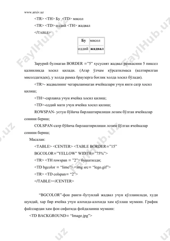 бериш билан у ерда бошқа сахифани юклаш мумкин. маслан, frame-a дан frame-b да ўзгарувчи хужжатга ишорат қўйиш учун frame-a га қуйидагини келтириш мумкин: eee хужжат uuu хужжат иккинчи устунни теги ёрдамида иккита тенг (50%) қаторга бўламиз. агар, натижада иккаласининг йиғиндиси 100% га тенг бўлмаса, у холда браузернинг ўзи фреймларни пропорционал қилиб беради. қуйидаги иккита тег хосил қилинган бўлакларнинг хар бирига навбати билан ном ва url ни беради. frameset frame дан фарқли холда беркилувчи тегларни талаб қилади. агар frameset тегида cols ва rows параметрларидан бир вақтда фойдаланилса, у холда оддий фреймли тўр хосил бўлади: ранглар билан ишлаш. экрандаги элементларни турли ранглар билан бўяш мумкин. масалан, оддий ёзилган ёзувлар ms word дастуридаги каби рангга бўялади, яъни ускуналар панелида жойлашган тугмаси ёрдамида. бу тугма ёрдамида танланган ранг фақат белгиланган матн қисмигагина жорий этилади холос. шунинг учун аввал керакли матн қисми белгилаб олиниши лозим. жадвал ячейкаларини хам бирор хилдаги рангга бўяш мумкин. бунинг жадвал …