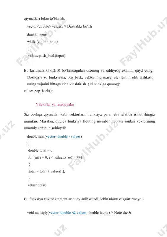 ’lon qilingan, ikkinchisida uch o‘lchamli - 3 ta 2x2 matritsadan iborat bo‘lgan massiv e’lon qilingan. uning elementlariga murojaat sxemasi: 7.3-rasm. ikki o‘lchamli massiv elementlariga murojaat bu erda a[i] ko‘rsatkichda i-chi satrning boshlang‘ich adresi joyla-shadi, massiv elementiga a[i][j] ko‘rinishidagi asosiy murojaatdan tashqari vositali murojaat qilish mumkin: *(*(a+i)+j) yoki *(a[i]+j). 7.3-rasm. uch o‘lchamli massivning xotirada tashkil bo‘lishi massiv elementlariga murojaat qilish uchun nomdan keyin kvadrat qavsda har bir o‘lcham uchun indeks yozilishi kerak, masalan b[i][j][k]. bu elementga vositali murojaat ham qilish mumkin va uning variantlari: mustaqil nazorat: 1. besh boshlang‘ich sonni o‘z ichiga oluvchi vektorlar yaxlitligini aniqlang (2, 3, 5, 7, and 11). push_back funksiyasini element qo‘shish uchun ishlating. 2. o‘zingizni tekshiring 35 ga push_back ni ishlatmasdan javob bering. 3. quyidagi jadvalda vektorlarning tarkibini aniqlang? vector names; names.push_back("ann"); names.push_back("bob"); names.pop_back(); names.push_back("cal"); 4. faraz qiling siz har besh minutda olingan obhavo o‘lchami to‘plamini saqlamoqchisiz. vektordan foydalanasizmi yoki jadvaldan? 5. faraz qiling siz hafta …