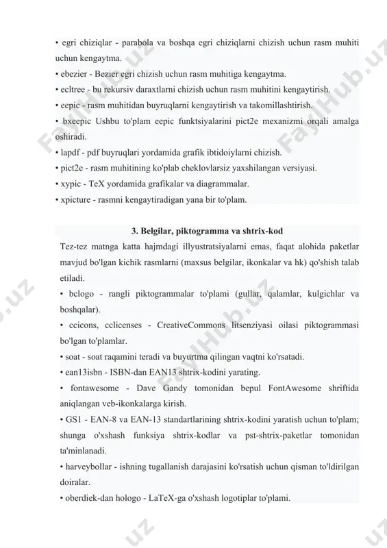 o'rsatish uchun qisman to'ldirilgan doiralar. • oberdiek-dan hologo - latex-ga o'xshash logotiplar to'plami. • mahsulot qutisi - nazariy jihatdan qimmatbaho mahsulotni o'z ichiga olgan jozibali quti tasvirini yaratadi. • pst-vektor - sahifani bezash uchun viktoriya bezaklari to'plami. • showcharinbox - istalgan belgini kattalashtirish va chop etish imkonini beradi. • tdclock - pdf-faylga adobereader-dan foydalanganda to'g'ri vaqtni ko'rsatadigan raqamli soatni qo'shib qo'yadi. • tikzsymbols - tikz bilan yaratilgan kulgili belgilar va piktogrammalar to'plami. pst hiyla-nayranglari pstricks to'plami latex-dan postscript til ko'rsatmalariga kirishni ta'minlaydi. paketda 300 dan ortiq sahifadan iborat keng qamrovli hujjatlar mavjud, ammo oddiy foydalanuvchilar uchun eng qiziq funktsionallik bu mustaqil paketlarda to'plangan. asosiy to'plamga pst-node - vertikallarni joylashtirish va ulash, pst-plot - qurilish diagrammalari, pst-tree - qurilish daraxtlari uslubiy fayllari kiradi. • pstricks-add - pstricks uchun qo'shimcha makrolar. bu asosiy hujjatlarga qo'shimcha ravishda yana 100+ sahifa. • pdftricks, pdftricks2, pst2pdf - faylni pdflatex yordamida kompilyatsiya qilishda pstricks imkoniyatlarini qo'llab-quvvatlash. …