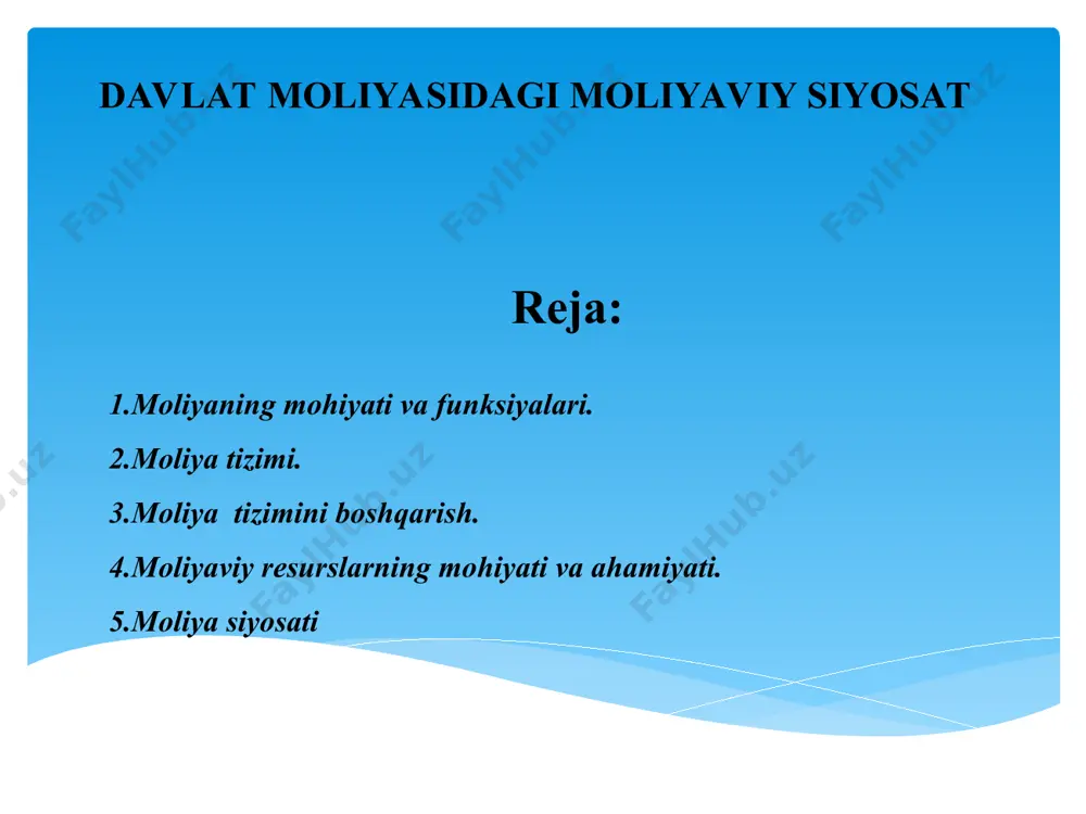 riladi. shunday qilib moliya – bu iqtisodiy pul munosabatlarining yig`indisi bo`lib, u yordamida yaratilgan jami ijtimoiy maxsulot va milliy daromadni taqsimlash va qayta taqsimlash yo`li bilan korxona,tashkilot,birlashma va davlatni pul daromadlari va markazlashgan jamg`armalarini tashkil etish asosida kengaytirilgan takror ishlab chiqarishni amalga oshirish va aholini moddiy va madaniy extiyojlarini qondirishni ta`minlashdir. yuqoridagilardan kelib chiqib moliyaning obyekti bo`lib korxona, birlashma va xalq xujaligi tarmoqlarining pul jamg`armalari va moliyaviy rusurslarni tashkil etish, taqsimlash va foydalanish bilan bog`lik bo`lgan iqtisodiy munosabatlar hisoblanadi. moliyaning subyekti - bu moliya munosabatlarini ishtirokchilari, firmalar, davlat va nodavlat idoralaridan iborat yuridik va jismoniy shaxslar. moliyaviy siyosat - davlatning iqtisodiy va ijtimoiy rivojlanishini ta`minlash yuzasidan moliyaviy resurslar bilan ta`minlashga qaratilgan siyosat. moliyaning turli darajalari: - mikromoliya - bu firmalar, davlat va jamoat tashkilotlari moliya tizimini boshlang`ich va asosiy bug`ini hisoblanadi. mikromoliyaning muhimligi ularda moddiy boylik yaratiladi. ularning faoliyati jamiyatning iqtisodiy axvolini shakllantiradi. uning asosiy resurslari bo`lib foyda, ish haqi, …