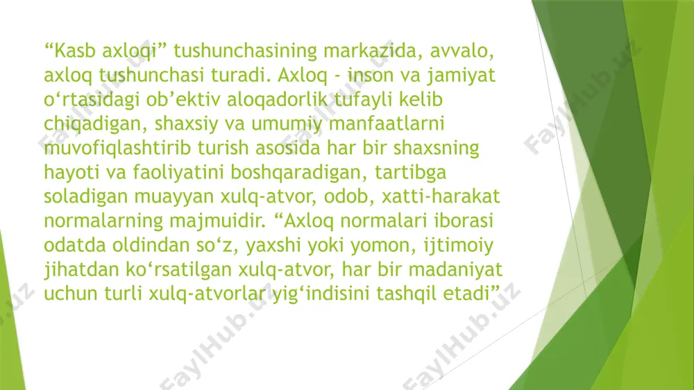 s-tuyg‘ularga berilmaslik. halollik – poraxo‘rlik, adolatsizlikka qarshi qat’iy turish. 4. turizm sohasida kasbiy etika: mijozga hurmat – sayohatchilarning madaniyati, e’tiqodi va odatlariga hurmat bilan munosabat. to‘g‘ridan-to‘g‘ri axborot berish – sayohat sharoitlari, narxlar va xizmatlar haqida haqiqatni aytish. tabiatni asrash – ekologik barqarorlikka rioya qilish, sayyohlik joylarini ifloslantirmaslik. professional madaniyat – odobli, pokiza kiyinish, muloyim muomala. xulosa: kasb etikasi fani har bir soha vakilining axloqiy mas’uliyatini yuksaltirish, halollik va adolat tamoyillariga asoslangan kasbiy faoliyat yuritishini ta’minlashda muhim o‘rin tutadi. bu fan kasb egalarini nafaqat o‘z kasbining bilimdoni, balki odobli, mas’uliyatli va jamiyat oldida burchini anglaydigan inson sifatida tarbiyalaydi. shunday ekan, kasb etikasi nafaqat kasbiy muvaffaqiyat, balki ijtimoiy barqarorlik va ishonchli insonlar jamiyatini shakllantirishda ham muhim ahamiyat kasb etadi. image1.png image2.jpg /docprops/thumbnail.jpeg