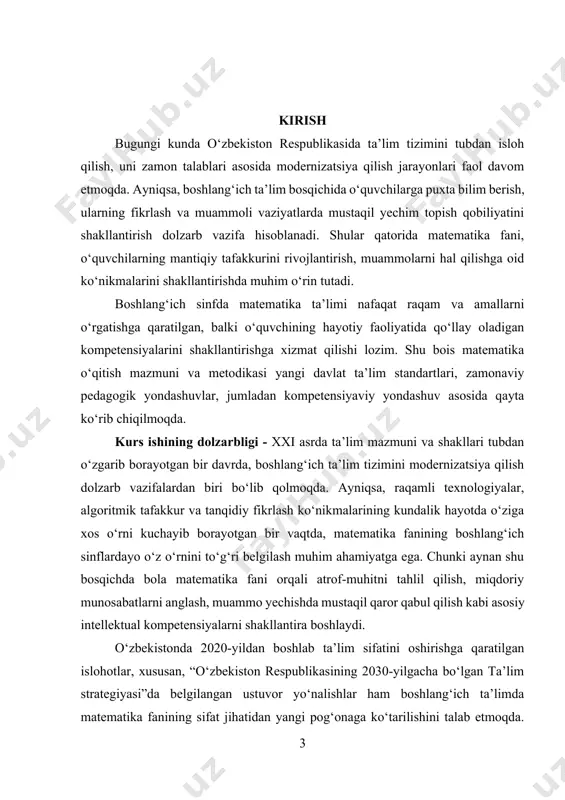 iston respublikasining umumiy o‘rta ta’lim maktablaridagi boshlang‘ich sinflarda matematika fanini o‘qitish jarayonidir. bu jarayon o‘qituvchi faoliyati, dars mazmuni, ta’limiy texnologiyalar, ta’lim standartlari va o‘quvchilarning bilimini shakllantirish mexanizmlarini o‘z ichiga oladi. kurs ishining predmeti – boshlang‘ich sinflarda matematika ta’limini samarali tashkil etishning nazariy va amaliy asoslari, ya’ni matematika fanini o‘qitish konsepsiyasi, davlat ta’lim standarti va kompetensiyaviy yondashuv asosida o‘quv dasturlarini ishlab chiqish va qo‘llash mexanizmlaridir. kurs ishining maqsadi – boshlang‘ich sinflarda matematika fanini o‘qitishda zamonaviy ta’lim konsepsiyalari, kompetensiyalar va davlat standartlari asosida samarali yondashuvlarni aniqlash hamda ularning amaliyotdagi o‘rnini tahlil qilishdan iborat. kurs ishining vazifalari quyidagilardan iborat: 1. boshlang‘ich ta’limda matematika fanining tarbiyaviy va intellektual ahamiyatini tahlil qilish; 2. matematika ta’limiga oid zamonaviy konsepsiyalar va kompetensiyaviy yondashuvlarni o‘rganish; 3. boshlang‘ich sinf o‘quvchilari uchun davlat ta’lim standartlarida belgilangan matematika mazmunini tahlil qilish; 4. matematik kompetensiyalarni shakllantirishda innovatsion metodlar va texnologiyalarni qo‘llash imkoniyatlarini aniqlash; 5. o‘qituvchilarning metodik faoliyati orqali matematika ta’limining sifatini oshirish …