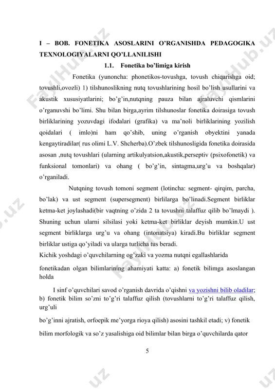 ani uchun boshlang’ich sinflarda unga ta’rif berilmaydi. shunga qaramay, bolalarda tovush haqida to’g’ri ilmiy tasavvur amaliy mashqlar yordamida hosil qilinadi. bunda yetakchi usul so’zdagi tovushlarniig talaffuzi hamda so’zning lek​sik ma’nosi so’zdagi tovushlarning tarkibiga bog’liqligi ustida kuzatish hisoblanadi. masalan, aka, uka, opa, ona, ota, kul, gul, qora, qara kabi bir unli yoki bir undosh bilan farqlanadigan so’zlar har xil lug’aviy ma’noni ifodalaydi. so’zning tovush tarkibi ustida ishlash savod o’rgatish davridanoq boshlanadi. bolalar bu davrda talaffuz qilingan yoki eshitilgan so’z tovushlardan tuzilishini bilib oladilar. ular so’zni tovush tomonidan tahlil qilishga o’rganadilar, ya’ni so’zni bo’g’inlarga bo’ladilar, so’zdagi tovushlarni tartibi bilan aytadilar. bunda tovush tomondan tahlilni harf tomondan tahlil bilan aralashtirmaslikka alohida ahamiyat beriladi. so’zning tovush tarkibini to’g’ri tasavvur etish undagi harflarni tushirib qoldirmay yoki o’rnini almashtirmay yozish malakasini shakllantirish uchun ham, so’zni to’g’ri talaffuz qilish uchun ham katta ahamiyatga ega. shuning uchun savod o’rgatishdan so’ng ham so’zni tovush tomondan tahlil qilish mashqlari yordamida …