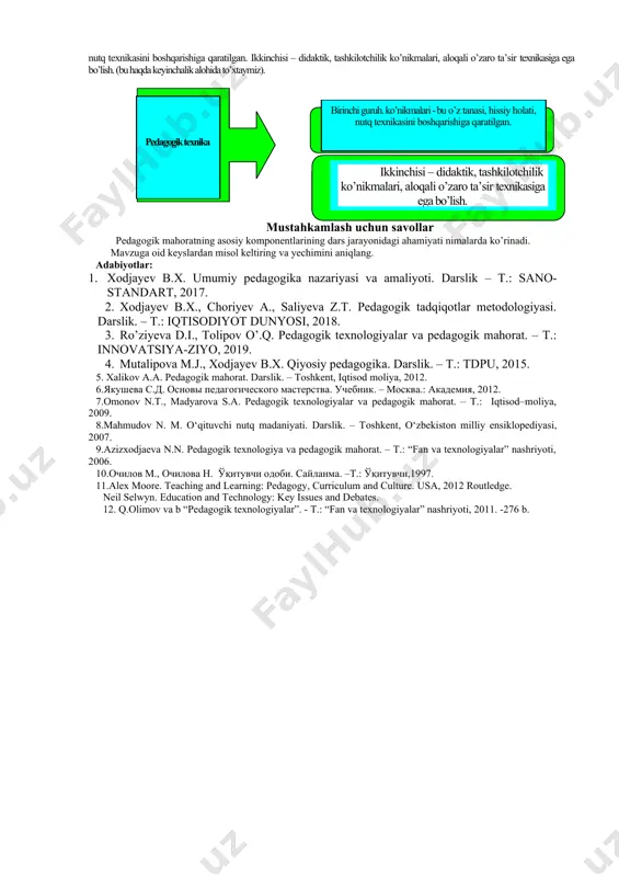jasi hamdir. pedagogik qobiliyatda o’qituvchining o’zaro fikr almashuvi bilan bog’liq xususiyatlari asosiy rol o’ynaydi. quyidagi pedagogik qobiliyatning asosiy xususiyatlari o’qituvchining yuksak pedagogik-psixologik bilimlari natijasida doimiy shakllanib boradi:kommunikativ qobiliyat: o’qituvchining pedagogik jamoa va ota-onalar, mahalla ahli bilan bo’ladigan o’zaro muloqotida ularning ruhiy holatlarini tushunish va ularga hamdard bo’lish, muloqotga kirishishida pok ko’ngillilik. o’qituvchi bunda psixologik bilimlarga ega bo’lishi, muomala madaniyatini muntazam o’zida shakllantirib borishi lozim. pertseptiv qobiliyat: tashqi olamni va muhitni sezish, idrok etish, ya’ni kuzatuvchanlik muhim rol o’ynaydi. o’qituvchining shijoati natijasida rivojlanadi, takomillashadi. o’qituvchi o’quvchining psixologiyasini, psixik holatini o’ziga singdirib idrok etadi, sinf jamoasining holatiga pedagogik vaziyatiga odilona baho beradi. empatik qobiliyat: bolalarga bo’lgan muxabbatdan kelib chiqadigan o’quvchilarning his-tuyg’usini, psixologik holatlarini qalbdan his etish, tushunish, idrok etish, ularga achinish xususiyatlaridir. ta’lim jarayonini muqobillashtirish qobiliyati: o’qituvchi o’z bilimini o’quvchi ongi va tafakkuriga kam kuch sarflash evaziga etkaza olishi, ta’lim va tarbiyada belgilangan muddatda maqsadga erishish qobiliyatidir. didaktik qobiliyat: o’quvchilar bilan muloqot …