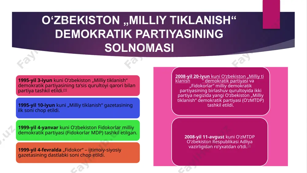 lanish: partiya o‘zbekistonning tarixiy va madaniy merosini o‘rganish va uni kelajak avlodlarga yetkazish borasida ish olib boradi. 4. iqtisodiy rivojlanish: mtdp iqtisodiyotning barqaror rivojlanishini ta’minlash, kichik va o‘rta biznesni qo‘llab-quvvatlashga alohida e’tibor qaratadi. 5. ommaviy axborot vositalari bilan hamkorlik: partiya ommaviy axborot vositalari orqali o‘z g‘oyalarini targ‘ib qilishda faol qatnashadi. xulosa umuman olganda, o‘zbekiston respublikasi milliy tiklanish demokratik partiyasi mamlakatning siyosiy hayotida muhim rol o‘ynab, millatning taraqqiyotiga hissa qo‘shishga intilmoqda. uning faoliyatlari orqali fuqarolarni siyosatga jalb qilish va ularning huquq va erkinliklarini himoya qilish maqsadlariga erishishga harakat qilinmoqda. foydalanilgan adabiyotlar https://lex.uz/acts/-54191 ↑ https://saylov.uz/oz/for_candidates/political_party/o-zbekiston-milliy-tiklanish-demokratik-partiyasi ↑ https://m.kun.uz/news/2021/08/06/milliy-tiklanish-prezidentlik-saylovida-alisher-qodirov-nomzodini-ilgari-suradi?q=%2fuz%2fnews%2f2021%2f08%2f06%2fmilliy-tiklanish-prezidentlik-saylovida-alisher-qodirov-nomzodini-ilgari-suradi ↑ https://saylov.uz/oz/elections-and-referendums/page/2 ↑ https://uzreport.news/society/milliy-tiklanish-demokratik-partiyasi-oz-ramzini-ozgartirishi-malum-boldi ↑ https://kh-davron.uz/kutubxona/alisher-navoiy/xurshid-davron-navoiynoma-xv-xvi-lison-ut-tayr-haj-armoni-yana-gavgo-mahbubul-qulub-navoiy-armoni.html e`tiboringiz uchun rahmat! image1.jpeg image2.png image3.png image4.png image5.png image6.png image7.png image8.png image9.jpeg /docprops/thumbnail.jpeg