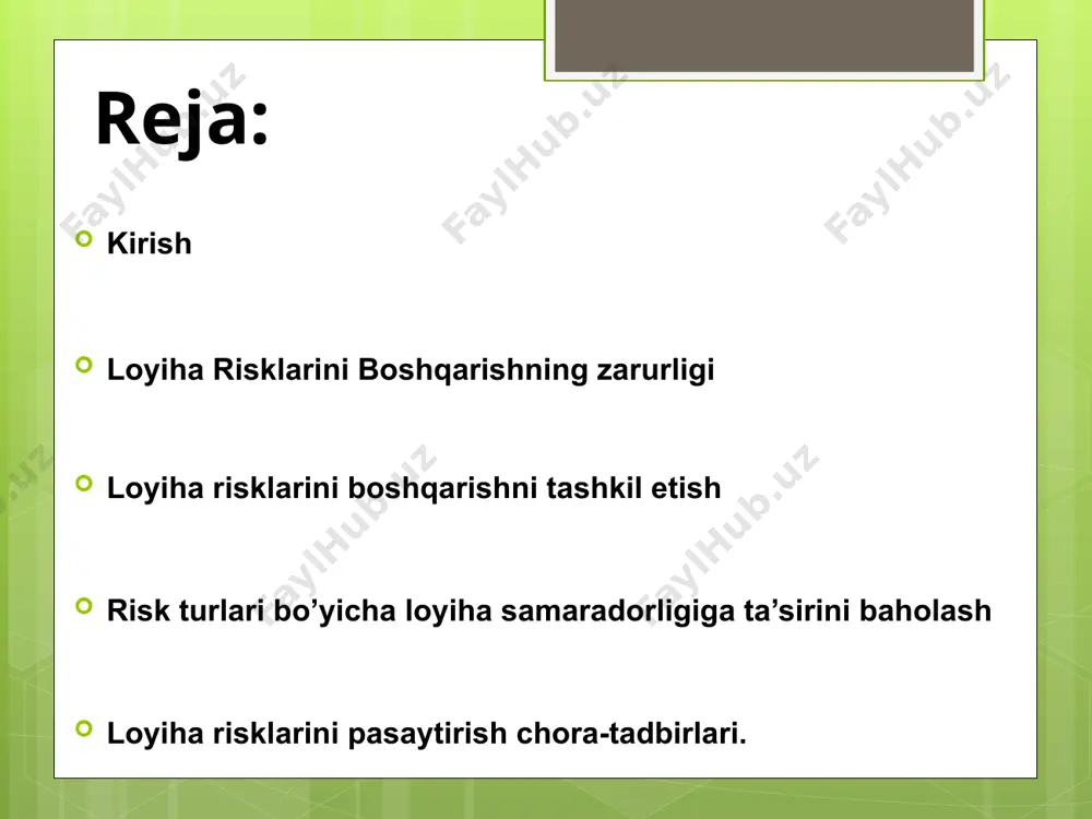 y sabablaridan biri - risklarning mavjudligidir. investitsion faoliyatda risk investitsiyalarni qisman yoki to‘liq yo‘qotish, kutilgan daromaddan kamroq foyda olish va loyihada ko‘zlangan maqsadlarga erisha olmaslik xataridir. loyihadan qanchalik ko‘p miqdorda daromad kutilsa, u shunchalik yuqori riskli hisoblanadi. bozor iqtisodiyoti sharoitida investitsiya tizimi risklarning paydo bo‘lish sabablari ma’lumotlarning tanqisligi yoki to‘liq bo‘lmasligi, tashqi va ichki muhitdagi harakatlar (raqobatchilar, ishchilar holati, hukumat va boshqalarning harakatlari) inflyatsiya haqidagi, texnika-texnologiyalardagi o‘zgarishlar haqidagi, loyiha quvvatining, obyektning qurilish va foydalanishga topshirish muddatlari, xarajat va natijalarning noto‘g‘ri hisob-kitob qilinis investitsiya risklarini turli belgilar bo‘yicha tasniflash mumkin: tarkibi bo‘yicha risklar quyidagilarga bo‘linadi: iqtisodiy risk; bozor riski; inflyatsiya riski; valyuta riski; siyosiy risk; ijtimoiy risk; ekologik risk; texnologik risk; marketing riski; moliyaviy risk; kredit riski; bankrotlik riski; ilm-texnika riski; informatsion risk; investitsiya risklarini turli belgilar bo‘yicha tasniflash mumkin: 2) muddati bo‘yicha risklar quyidagilarga bo‘linadi: qisqa muddatli risklar; uzoq muddatli risklar; 3) olinadigan natijaga qarab risklar: spekulyativ risk - ular …