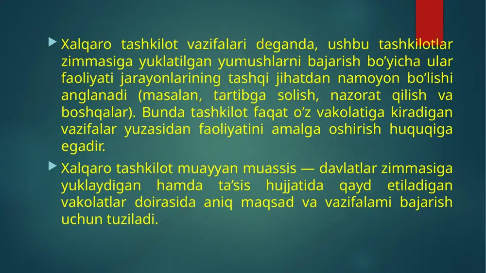 iqarish hamda majlisning borishiga rahbarlikni amalga oshirish; so'zga chiquvchilami e’lon qilish va to'xtatish; delegatlaming alohida huquqlari: protsedura mazmunidagi taklif- larni kiritish huquqi; boshqa delegatga javob qaytarish huquqi, majlisni olib borish tartibi yuzasidan takliflar kiritish huquqi; takliflar kiritish va qarorlar qabul qilish usullari: takliflarni va ularga o'zgartirishlarni ko'rib chiqish tartibi, qarorlami qabul qilishda ovoz hamda talab etiladigan ko'pchilik huquq; ovozlarni hisoblab chi­qish usullari va ovoz berishga rahbarlik qilish, ovoz berish qoidalari. hozirgi zamon xalqaro huquqida xalqaro konferensiya har qaysisi bittadan ovozga ega bo'lgan kamida uchta davlatning rasmiy vakillaridan tashkil topgan, uchinchi davlatlar, hukumatlararo va nohukumat tashkilotlaming (ovoz huquqiga ega bo'lmagan) kuzatuvchilari ishtirok etishi mumkin bo'lgan, ishtirokchi davlatlar kelishib olgan maqsadlami ko'zda tutuvchi hamda, qoidaga ko'ra, protsedura qoidalarida qayd etil­gan muayyan tashkiliy tuzilma va vakolatlarga ega muvaqqat jamoaviy organ tushuniladi. hukumatlararo konferensiyalarning nomlanishidagi farqlar (syezd, kongress, konferensiya, kengash) yuridik ahamiyat kasb etmaydi. xalqaro konferensiyalarni shartli ravishda quyidagicha tasniflash mumkin: xalqaro konferensiyalar, ishtirok …