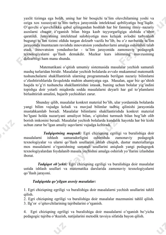 a zamonaviy texnologiyalarni qo’llash jarayoni. tadqiqotda qo’yilgan asosiy masalalar: 1. egri chiziqning egriligi va buralishiga doir masalalarni yechish usullarini tahlil qilish. 2. egri chiziqning egriligi va buralishiga doir masalalar mazmunini tahlil qilish. 3. ilg’or o’qituvchilarining tajribalarini o’rganish. 4. egri chiziqning egriligi va buralishiga doir masalalarni o’rganish bo’yicha pedagogic tajriba o’tkazish, natijalarini metodik tavsiya sifatida bayon qilish. tadqiqotimizning asosiy ilmiy – uslubiy yangiligi: -egri chiziqning egriligi va buralishiga doir masalalarni o’rganish, nazariy, uslubiy izlanishlar olib borildi. -muammoni yechimlarini o’rganishni takomillashtirish bo’yicha alohida metodik ishlanma ishlab chiqildi. kurs ishining metodlari: tadqiqot muammosiga oid pedagogik- psixologik va metodik adabiyotlar mazmunini o’rganish, nazariy jihatdan tahlil qilish, matematikani o’qitishda zamonaviy texnologiyalarni qo’llash holatini o’rganish, pedagogik kuzatuv, suhbat, pedagogik tajriba va h.k. kurs ishining tuzilishi: kurs ishi kirish, 4ta asosiy qism, xulosa va foydalanilgan adabiyotlar ro’yxatidan iborat. i bob. chiziqlar nazariyasi. 1.1-§. egri chiziq va uning berilish usullari 1-ta’rif. fazodagi (yoki tekislikdagi) to’plam birorta ochiq intervalning …