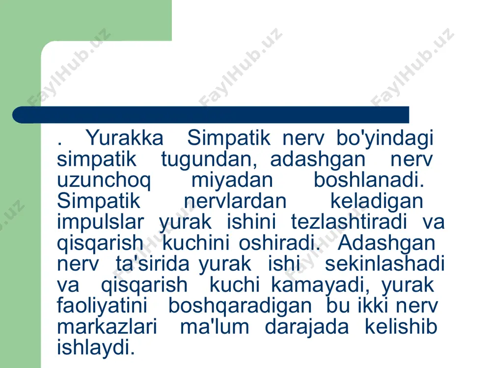 akllana boshlaydi. . embrionning uchunchi oyiga kеlib asosiy qon hosil qiluvchi organlar jigar va taloq ishlay boshlaydi. bola 4 oylik bo`lganda suyaklardan ya'ni naysimon, yassi, qovurg`alar, to`sh hamda umurtqa suyaklarining ko`mik qismidan qon ishlab chiqarila boshlaydi qonning tarkibi. qon ikki qismdan iborat: qon plazmasi va shaklli elementlardan iborat. qon plazmasi yangi tug`ilgan bolalarda qon umumiy hajmining 50 % ni kattalarda esa 55-60 % ni tashkil qiladi. u qonning suyuq qismi bo'lib, murakkab aralashmadir. uning tarkibida oqsillar, yog`'lar, uglevodlar, mineral tuzlar, garmonlar, fermentlar, antitelalar va erigan holdagi gazlar bo'ladi. eritrositlar qizil qon tanachalari bo`lib, ularning ko`pchilligi ya'ni 85-90 % qonga rang bеruvchi gеmoglabin hosil qiladi. uning diamеtri 7-8 mikron, qalinligi 2,5 mikronga tеng bo`lib, yangi tug`ilgan bolalar qonida eritrotsitlar katta odamlarnikiga nisbatan ancha ko`proq ya'ni 1mm3 qonida o`rtacha 4,5-7,5 mln eritrotsit bo`ladi. yurak-qon tomir sistemasining boshqarilishi va yoshga xos hususiyatlari. bolaning va katta yoshli odamning yuragini organizmdan ajratib olib, oziq moddali …