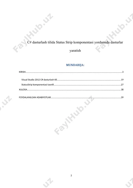 beqiyos. kundalik davomida foydalanadigan texnologiyalarimiz: kompyuter, planshet, uyali telefon (smartfon) va h.k. lar dasturiy ta’minot asosida ishlaydi. dasturiy ta’minot bozor iqtisodiyotida katta foyda keltirmoqda. dasturiy ta’minotlar ichida eng ajralib turadigani bu o’yindir. sababi boshqa dasturiy ta’minotlardan ko’ra talab va qiziqish ko’proq. kurs ishining maqsadi statusstrip komponentasini o’rganish va statusstrip komponentasi yordamida dasturlar yaratish. i bob. nazariy qism c# dasturiy ta`minoti tarixi haqida qisqcha c# dasturi 90 yillarning oxirida ishlab chiqilib microsoft .net ning bir qismiga aylandi. al`fa versiya sifatida 2000 yildan boshlab ishlatila boshladi .c # bosh arxitektori butun dunyo dasturchilari ichida birinchilar qatorida turgan va butun dunyo tomonidan tan olingan anders hejlsberg bo`ldi. uning 1980 yillarda chiqarilgan turbo paskal dasturi orqali ham tanishimiz mumkin. c# bevosita c, c++ va java bilan bog`liq. chunki bu uchta til dasturlash olamida eng mashhur tillardir. bundan tashqari profisanal dasturchilar c va c++ ni va juda ko`pchilik java tilida ish yuritadi. biz c# ning …
